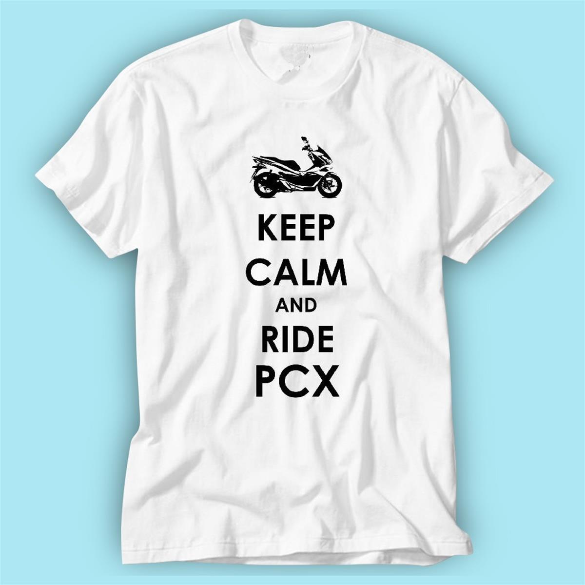 Keep Calm And Ride PCX Beyaz Baskılı Tshirt Modeli