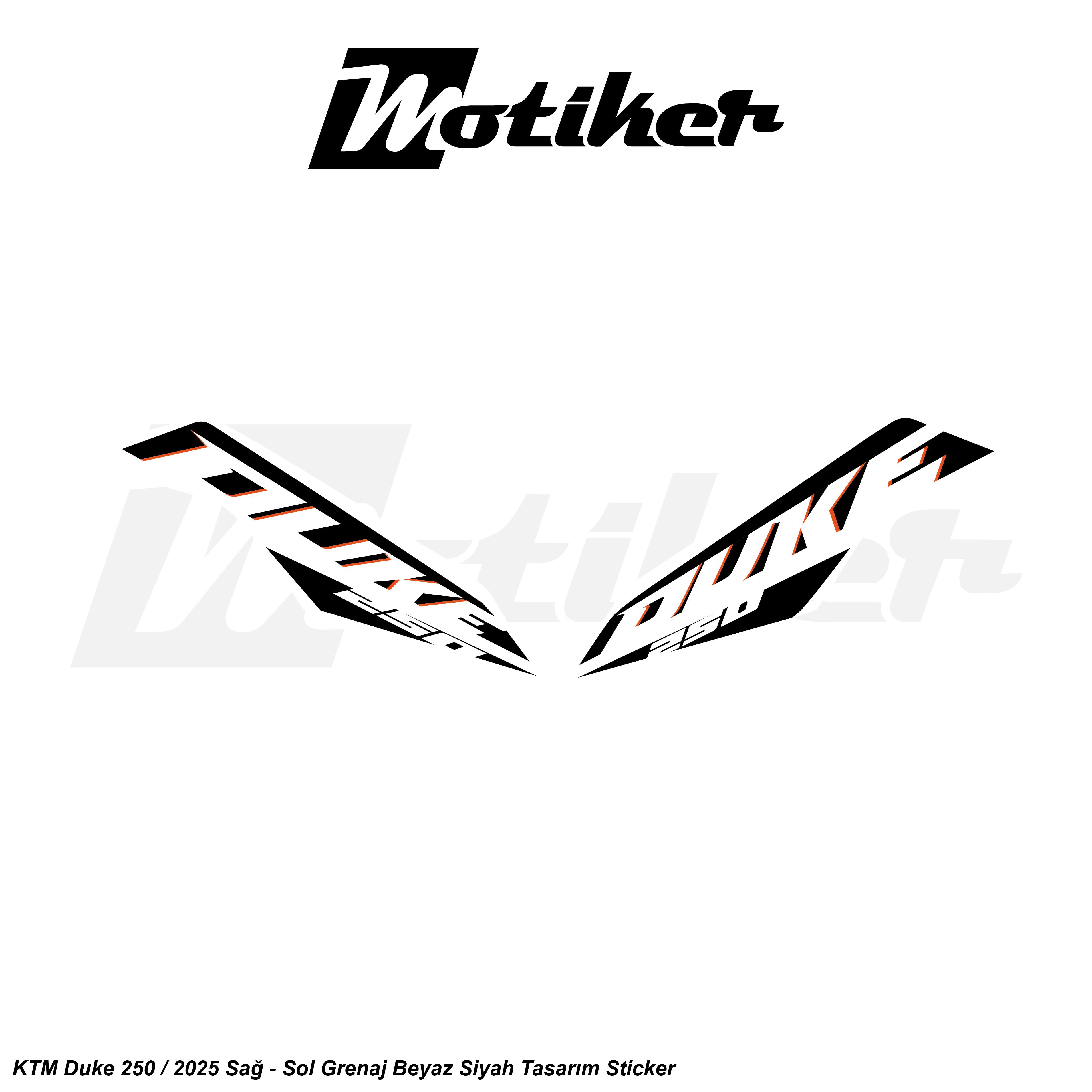 DUKE 250KTM Duke 250 2025 Beyaz Siyah Sticker Etiket Tasarım Modeli Sağ Sol Takım Sticker