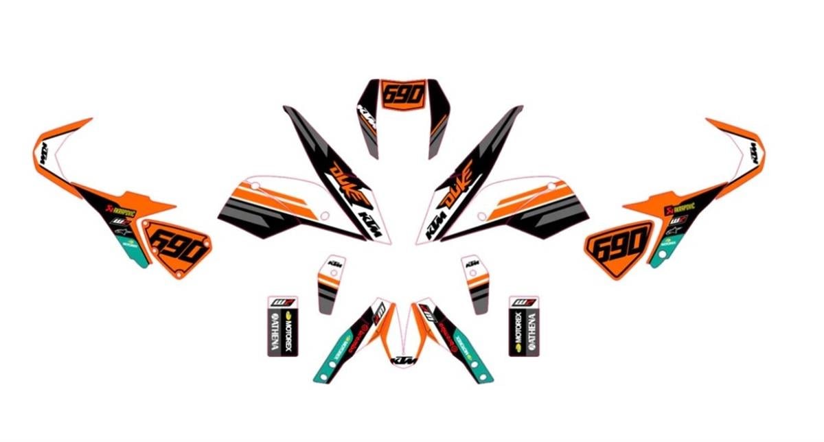 KTM DUKE 690 - ATHENA X MOTOREX Mavi Turuncu Karşık Desenli Kaplama Takım Sticker