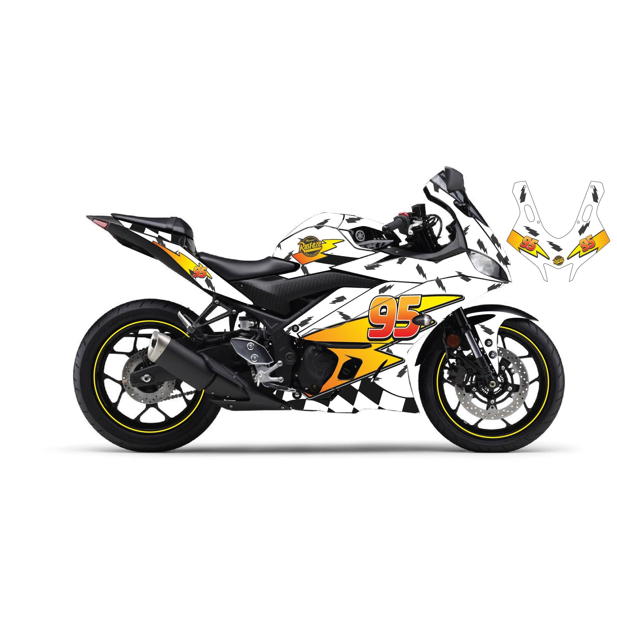 R25Motiker Yamaha YZF-R25 2019-2024 McQueen Beyaz Sticker Parçalı Motosiklet Kaplama Etiket Modeli