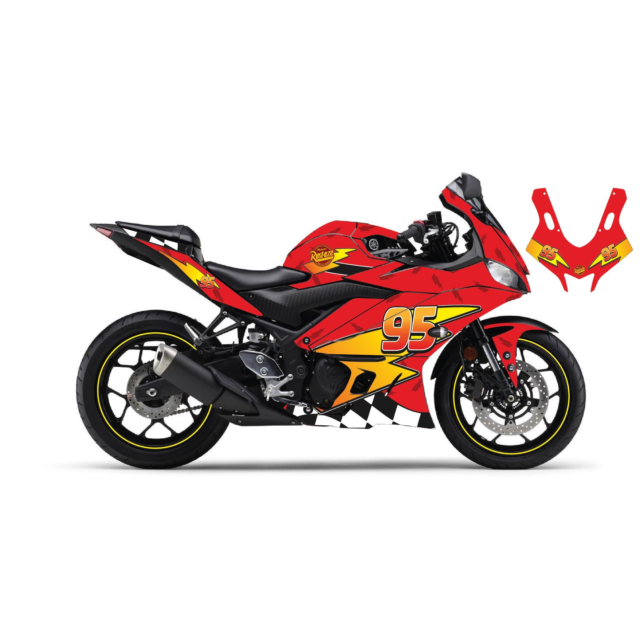 R25Motiker Yamaha YZF-R25 2019-2024 McQueen Kırmızı Sticker Parçalı Motosiklet Kaplama Etiket Modeli
