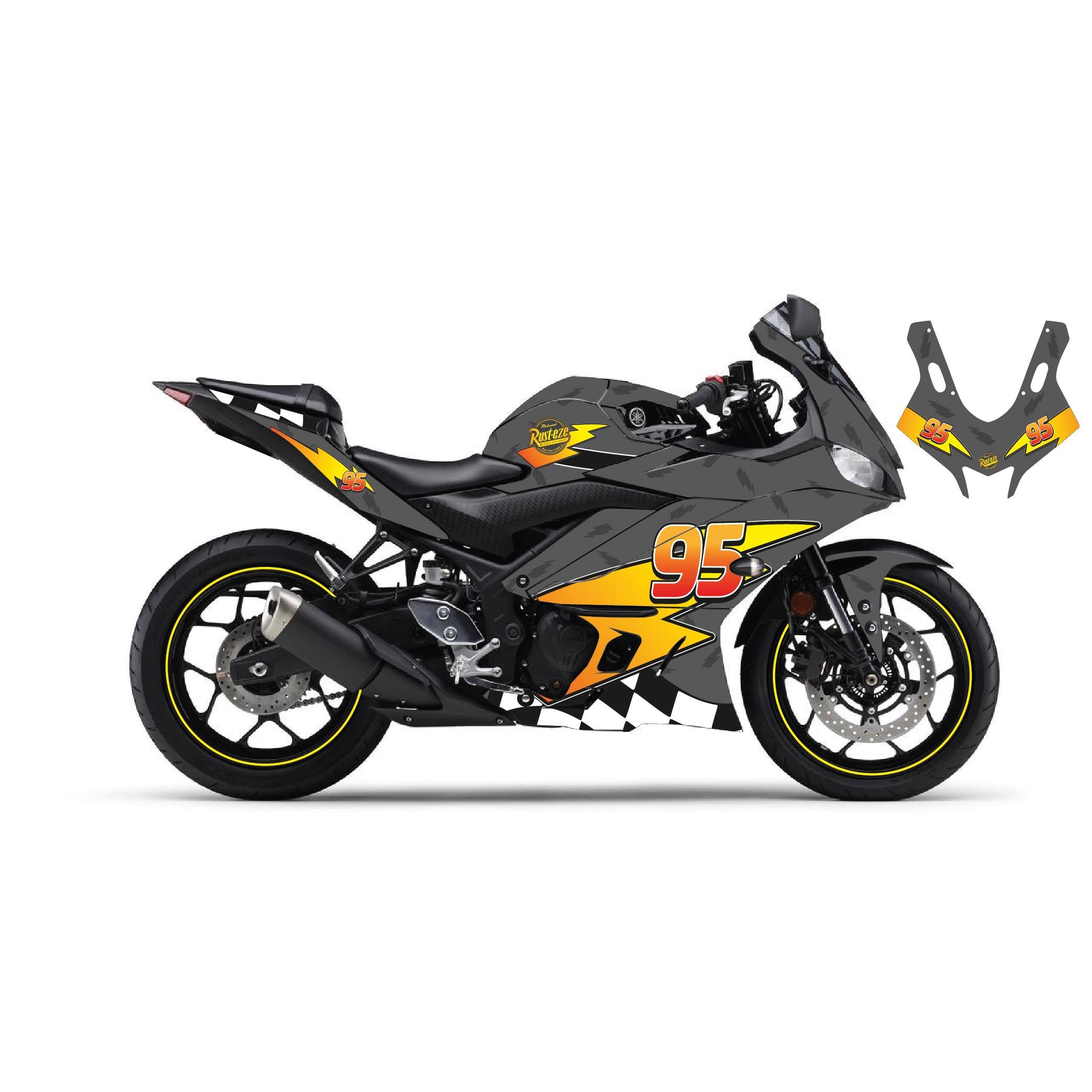 R25Motiker Yamaha YZF-R25 2019-2024 McQueen Gri Sticker Parçalı Motosiklet Kaplama Etiket Modeli