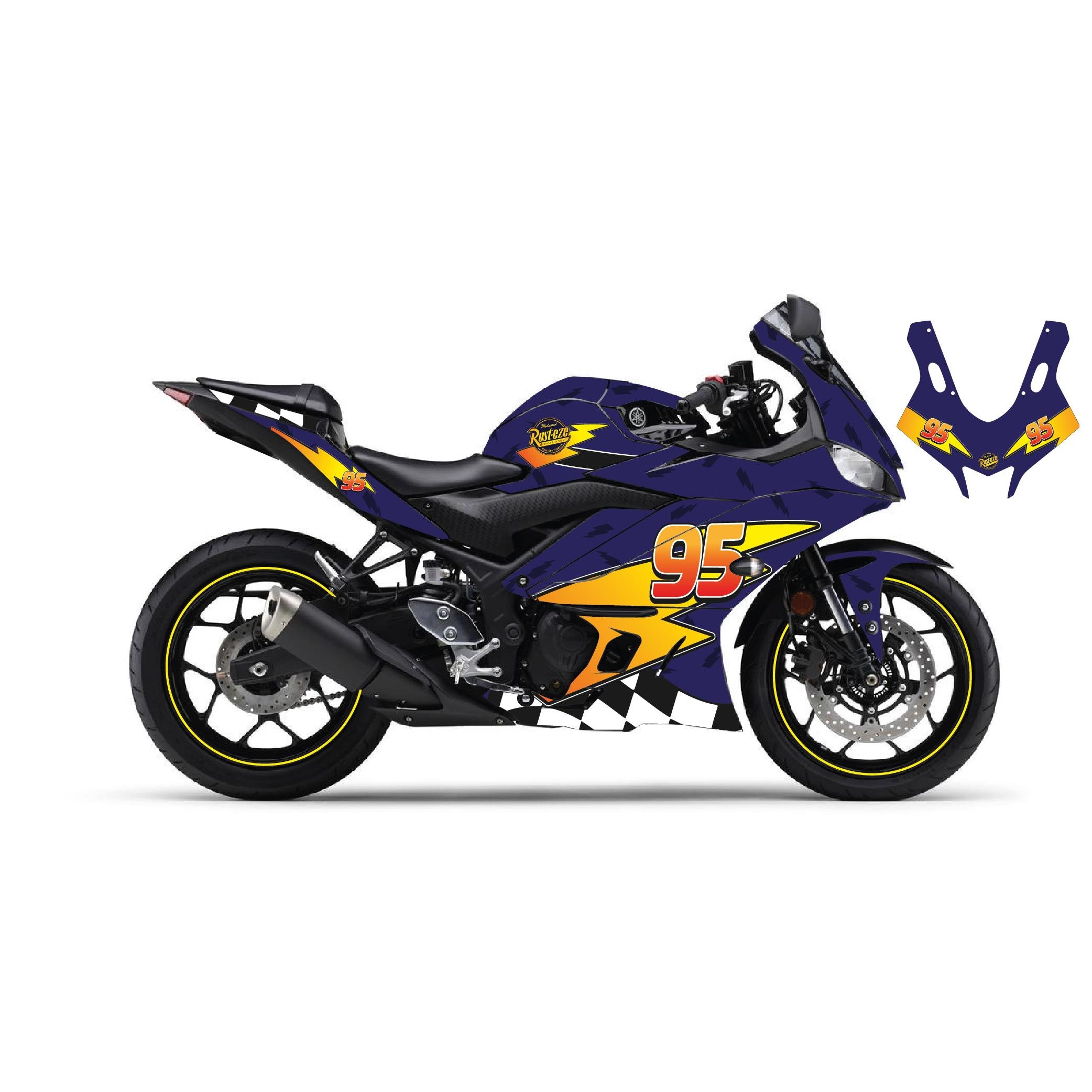 R25Motiker Yamaha YZF-R25 2019-2024 McQueen Lacivert Sticker Parçalı Motosiklet Kaplama Etiket Modeli