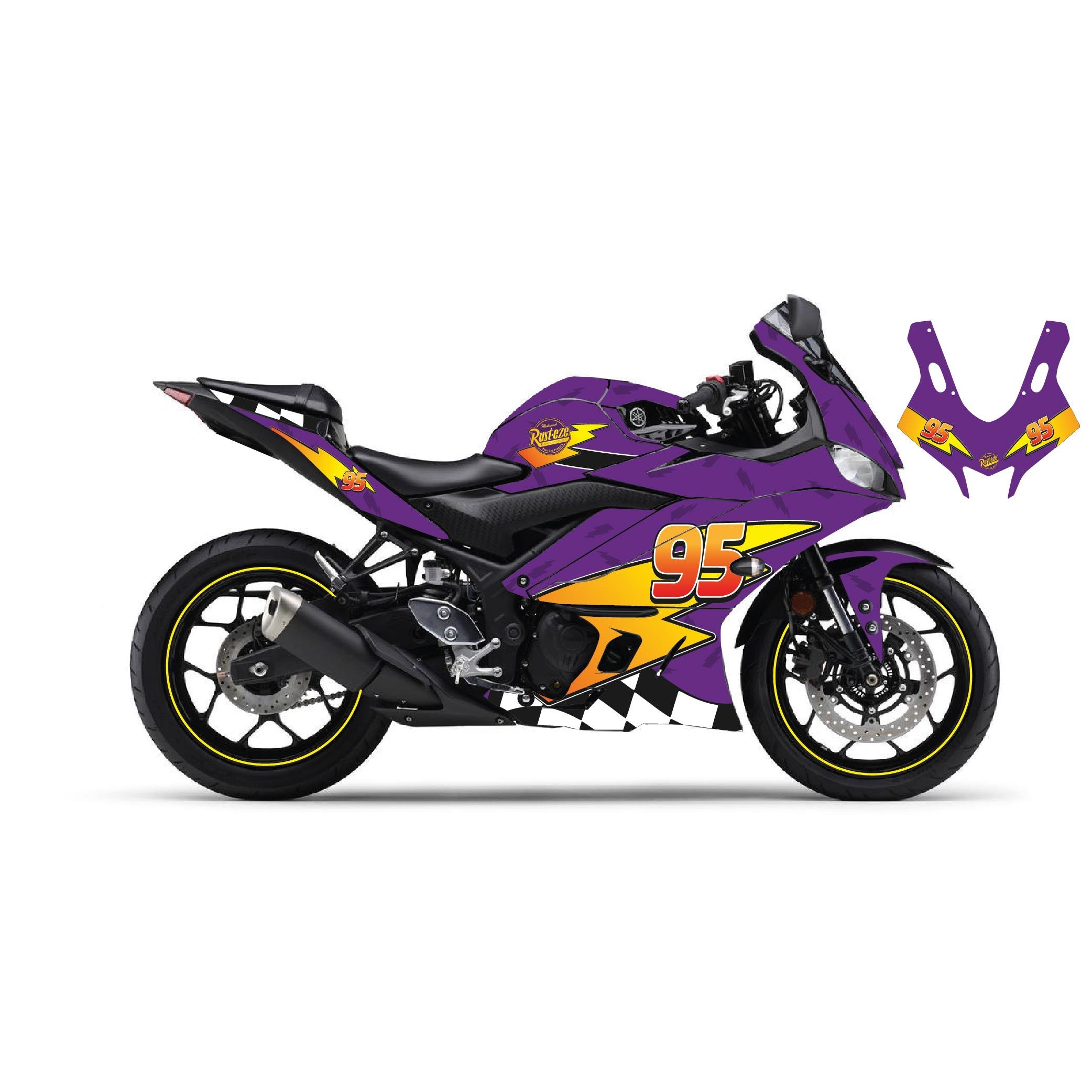 R25Motiker Yamaha YZF-R25 2019-2024 McQueen Mor Sticker Parçalı Motosiklet Kaplama Etiket Modeli