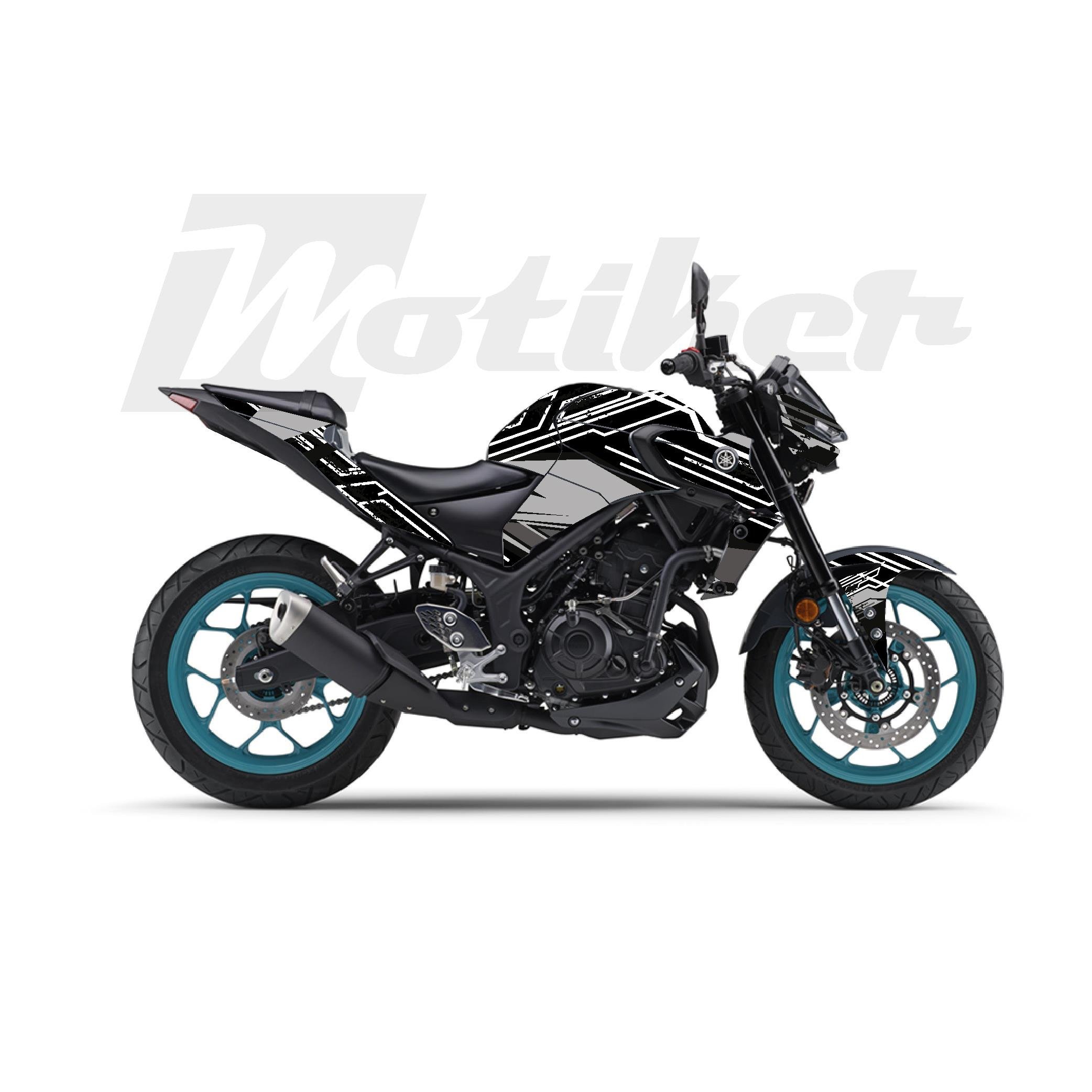 MT-25Yamaha MT-25 K'night Model Parçalı Motosiklet Kaplama Sticker Etiket Modeli Koyu Gri Gri Beyaz