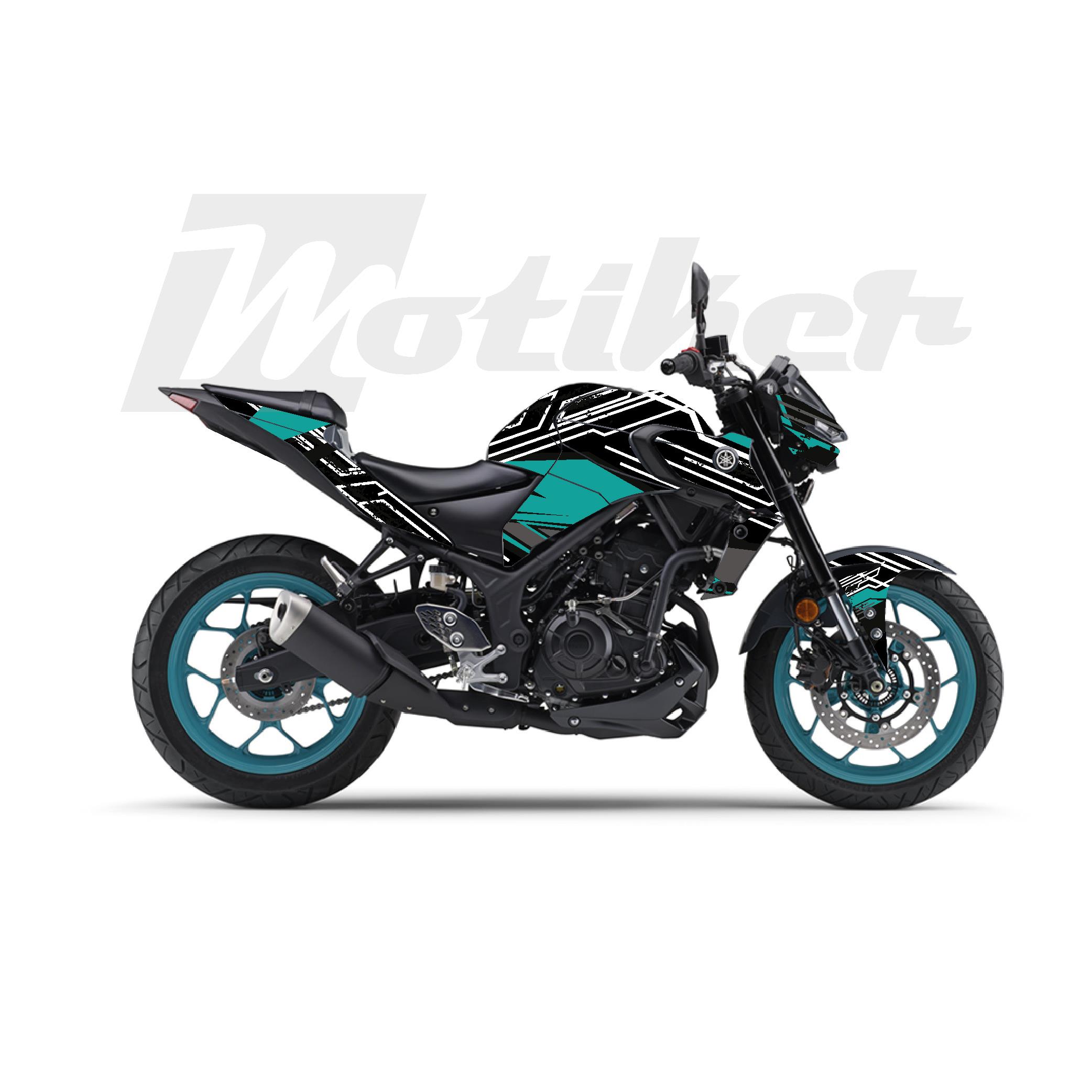 MT-25Yamaha MT-25 K'night Model Parçalı Motosiklet Kaplama Sticker Etiket Modeli Turkuaz Gri Beyaz