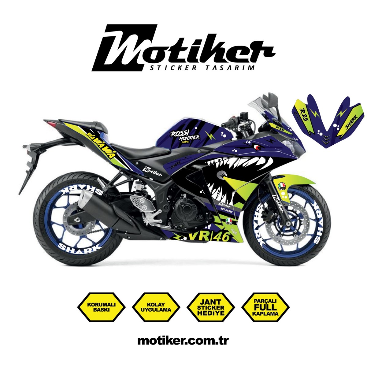 Yamaha YZF R25 Rossi Köpek Balığı Shark Sticker Etiket Kaplama Modeli Lacivert