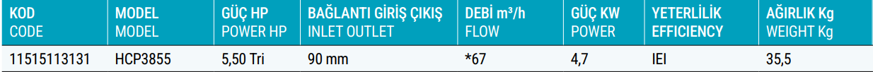 Hayward HCP3800 Serisi 3000 Havuz Pompası Teknik Tablosu