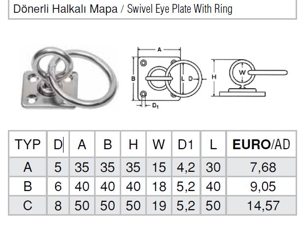 Dönerli Halkalı Mapa Paslanmaz Marin Tekne Yat