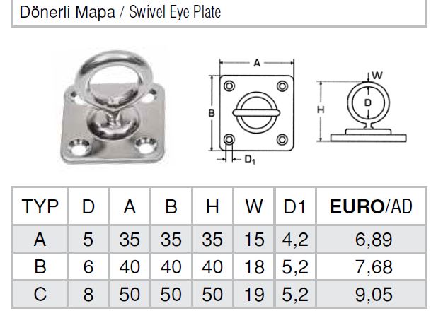 Dönerli Mapa Paslanmaz Marin Tekne Yat