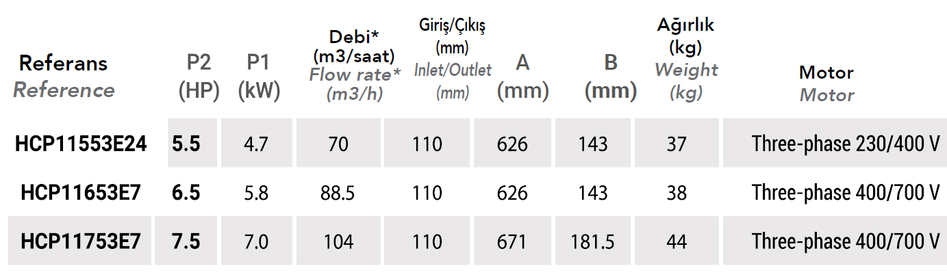 Hayward HCP1100 Serisi Havuz Pompası Teknik Tablosu