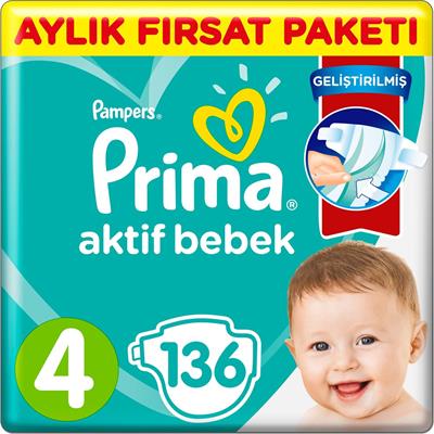 Prima Bebek Bezi Aktif Bebek 4 Beden Aylık Fırsat Paketi 136 Adet 