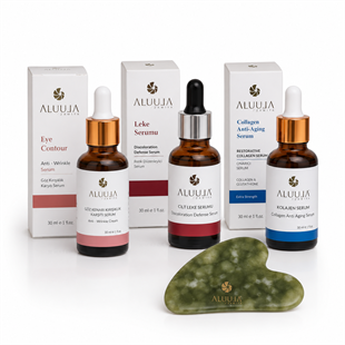 Serumla Dönüşüm Seti: Göz Kenarı Kırışıklık Karşıtı Serum + Leke Ve Renk Düzenleyici Serum 30 ML + Kolajenli Anti-Aging Serum | Yeşim Doğal Taş Gua Sha Yüz Masaj Taşı Hediye 