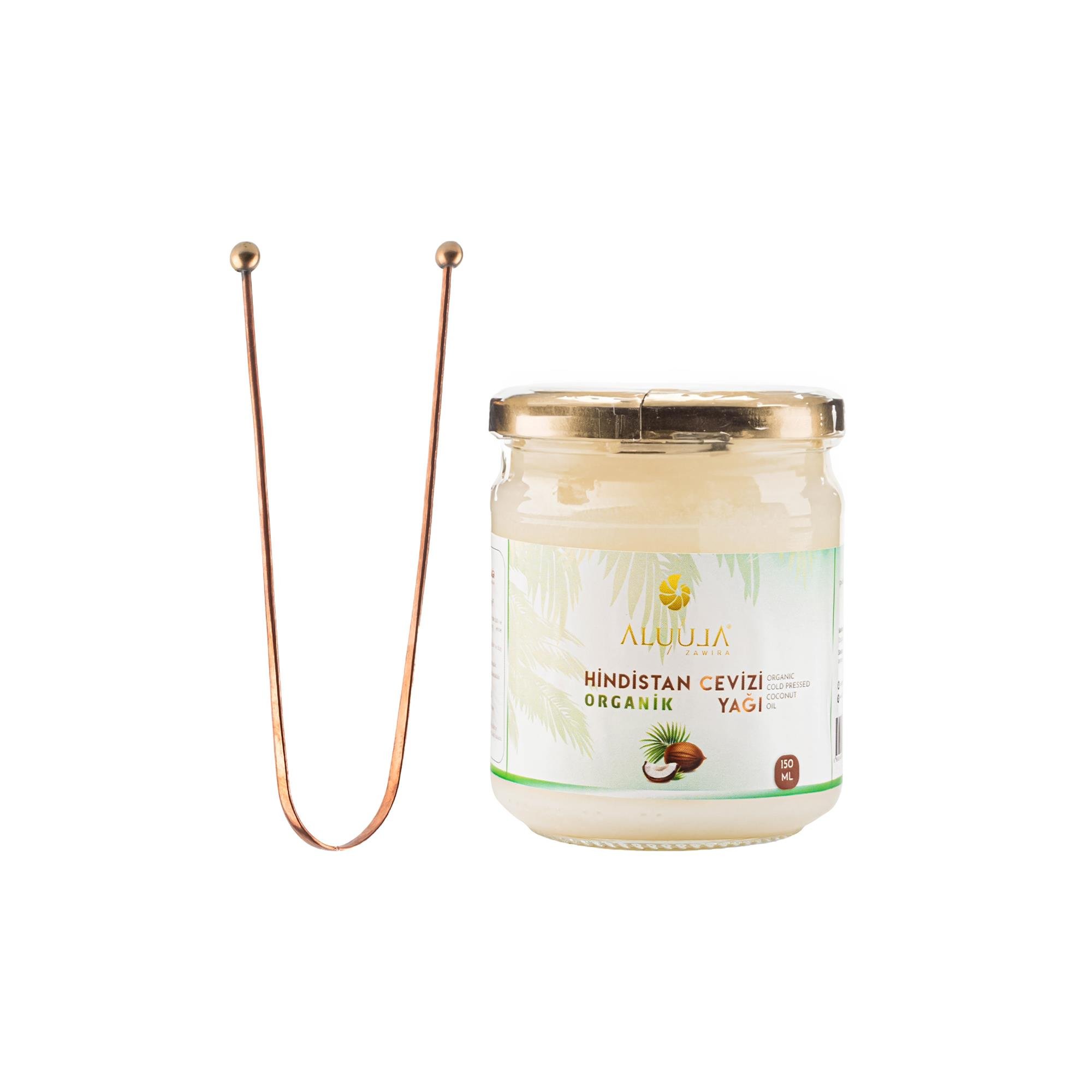 Oil Pulling (Yağ Çekme) Seti: Bakır Dil Temizleyici & Hindistan Cevizi Yağı