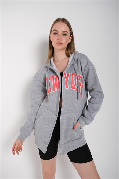 Unisex Gri Newyork Baskılı Fermuarlı Sweat Hırka