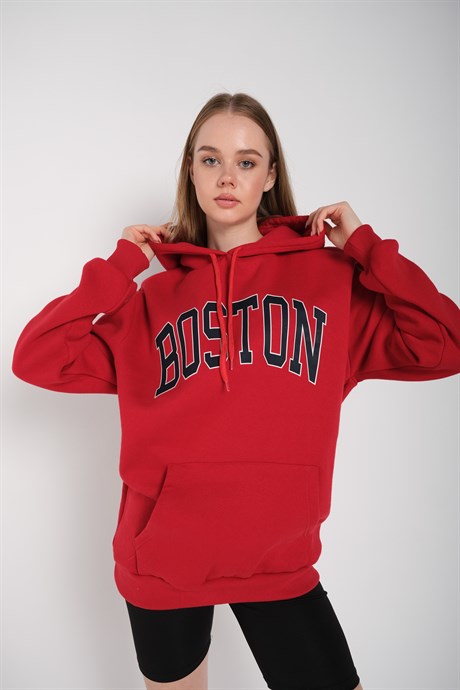 Unisex Kırmızı Oversize Boston Baskılı Sweatshirt Kapüşonlu