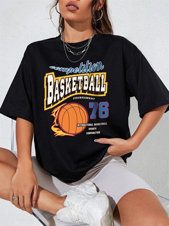 Kadın Siyah Basketball Tournament Baskılı Oversize Tişört