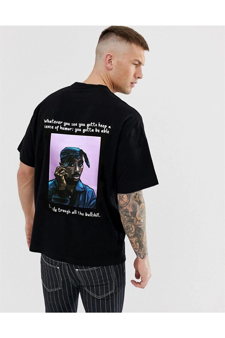 Erkek Siyah Oversize Tişört Tupac Sırt Baskılı T-shirt