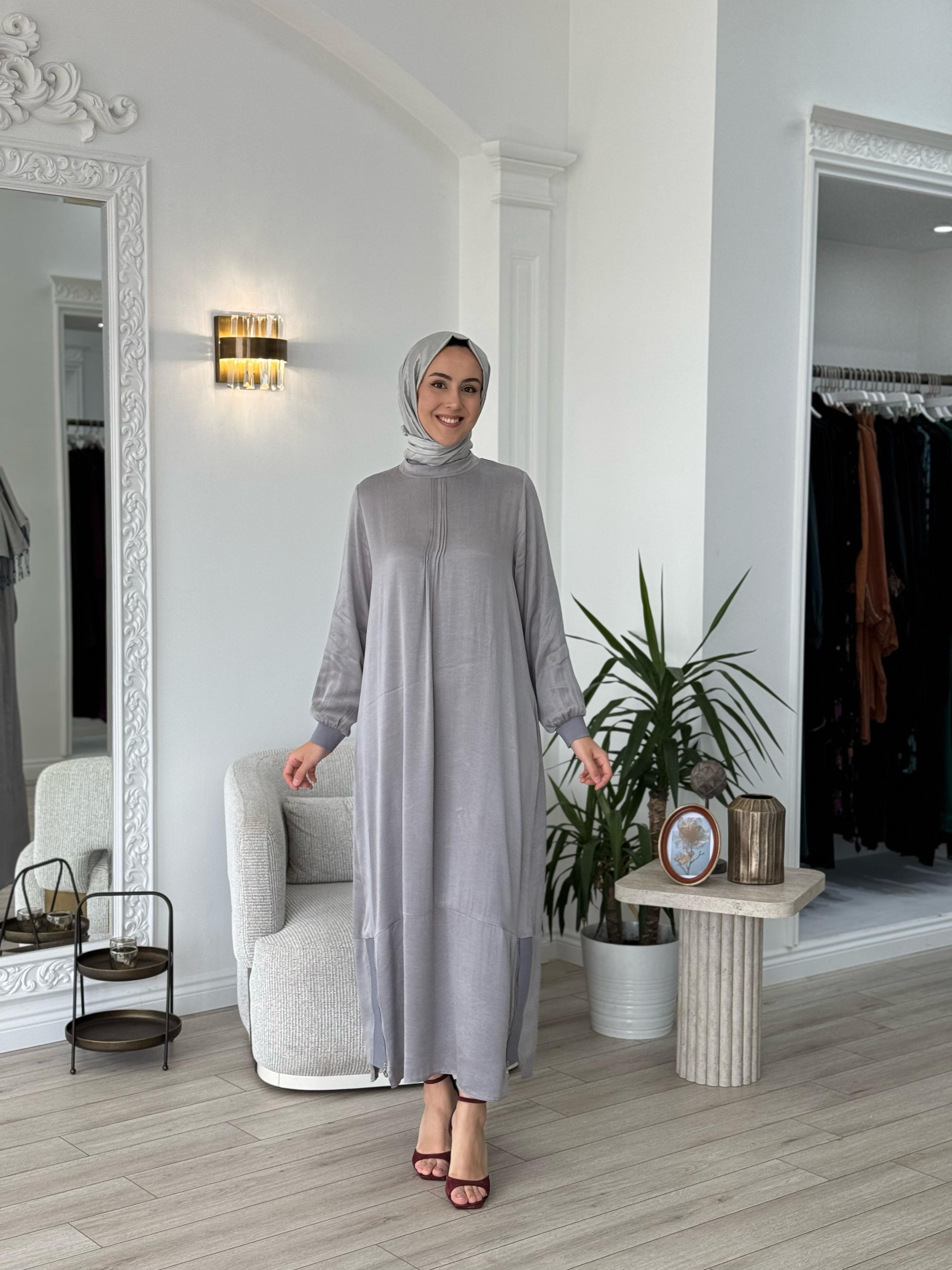 Almarwah Fermuar Detaylı Cupra Elbise Gri 303809