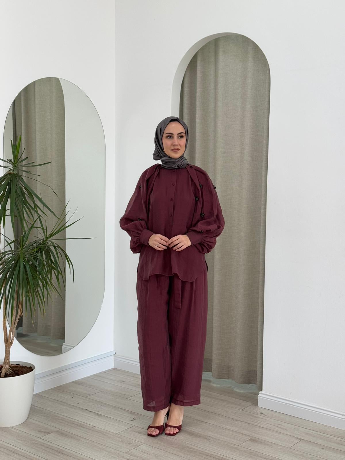 Kahma Çiçek Detaylı Gömlek Bordo KHM25Y17155
