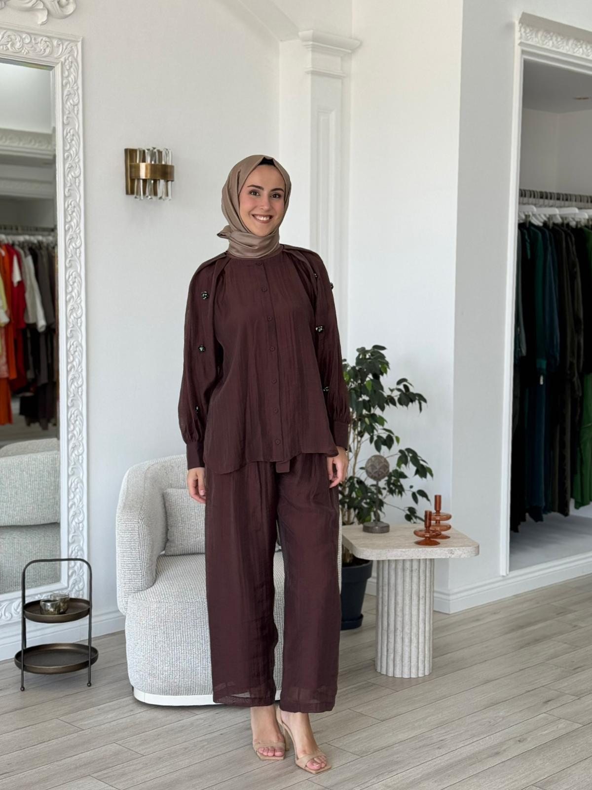 Kahma Çiçek Detaylı Gömlek Kahverengi KHM25Y17155