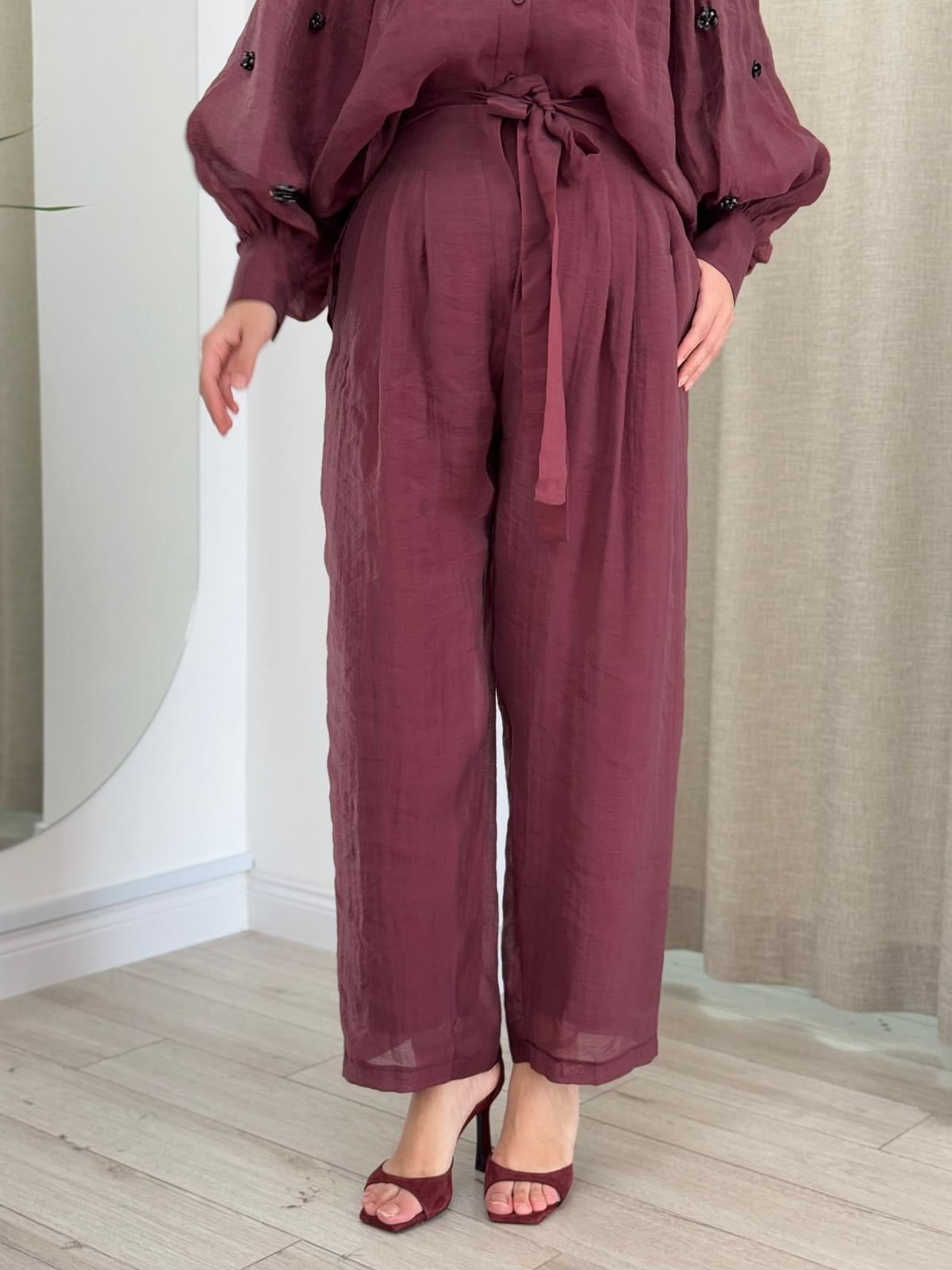 Kahma Kuşak Detaylı Pantolon Bordo KHM25Y11159