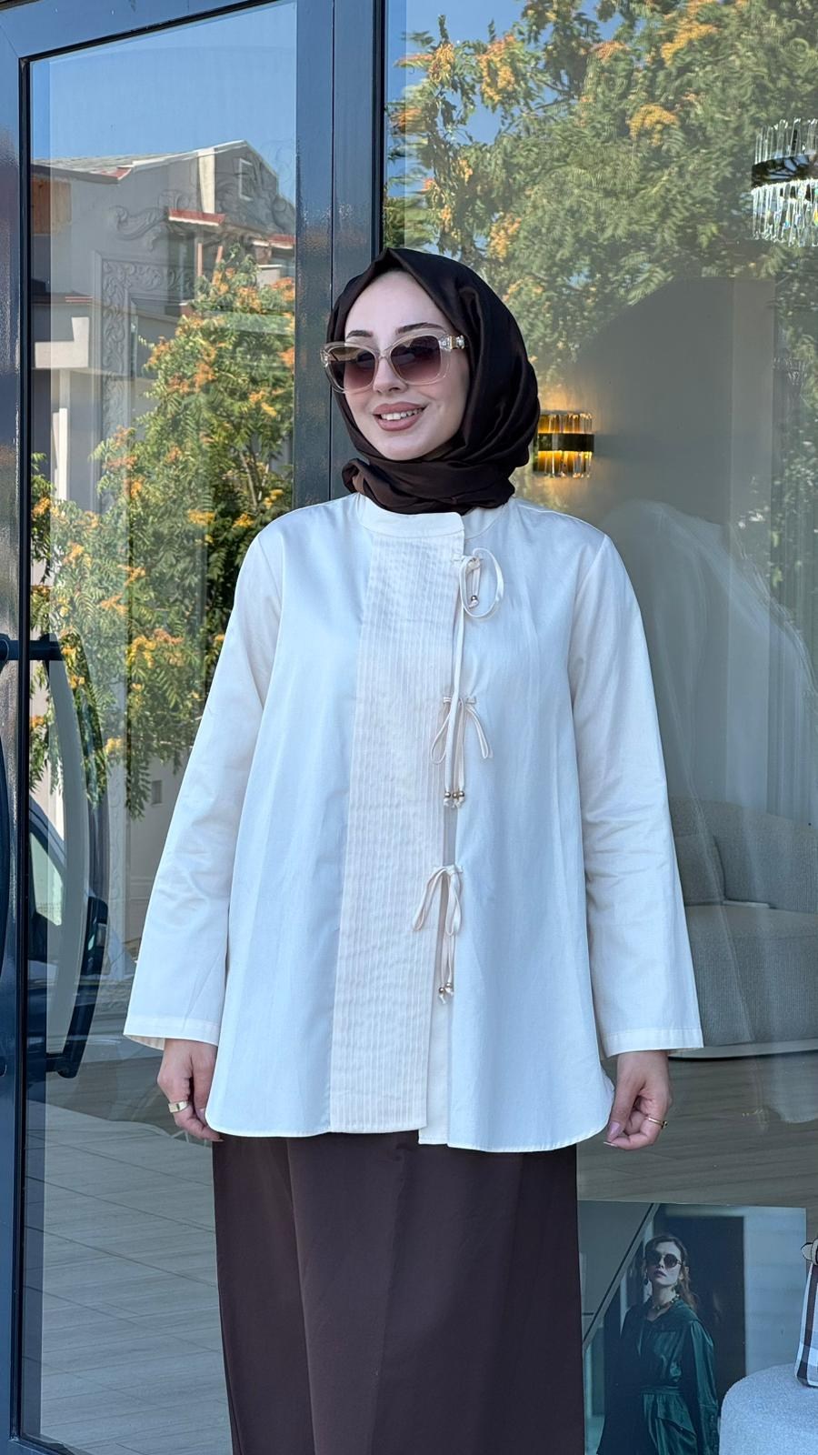 Kahma Nervürlü Gömlek Ekru 25k18205