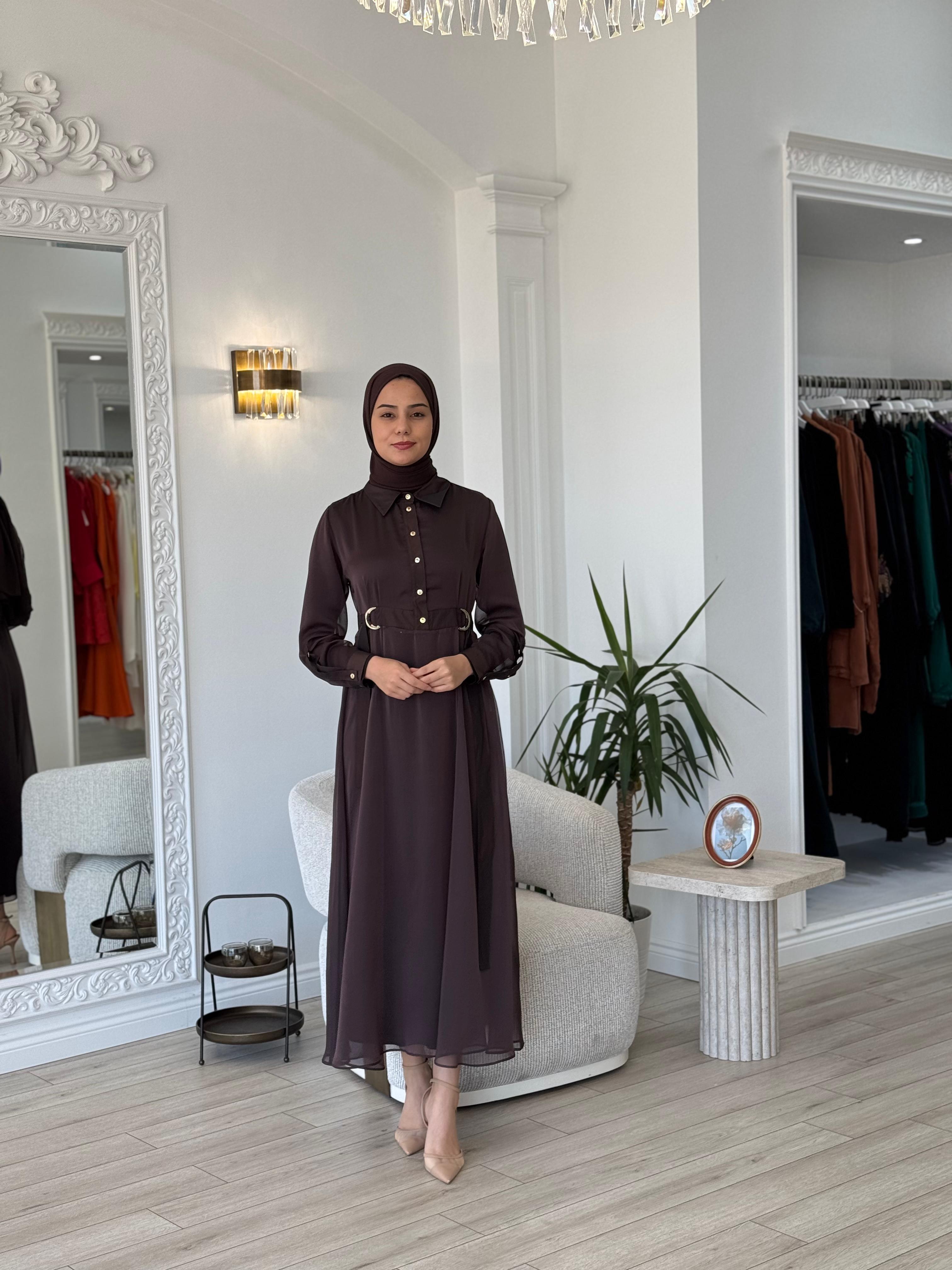 Kahma Şifon Detaylı İkili Elbise Kahverengi 25y13150