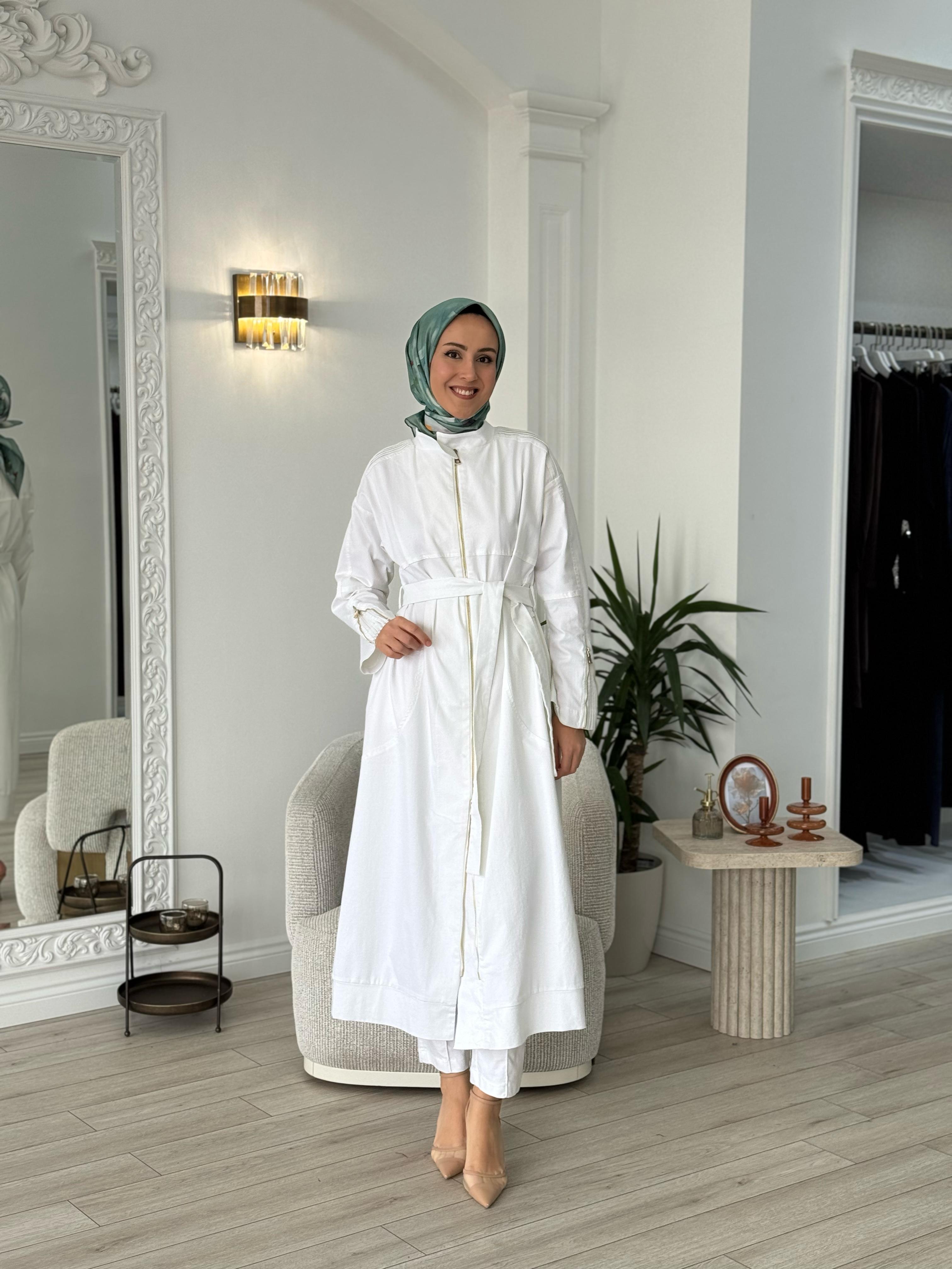 Misswhence Fermuarlı Kot Pardesü Beyaz 37507