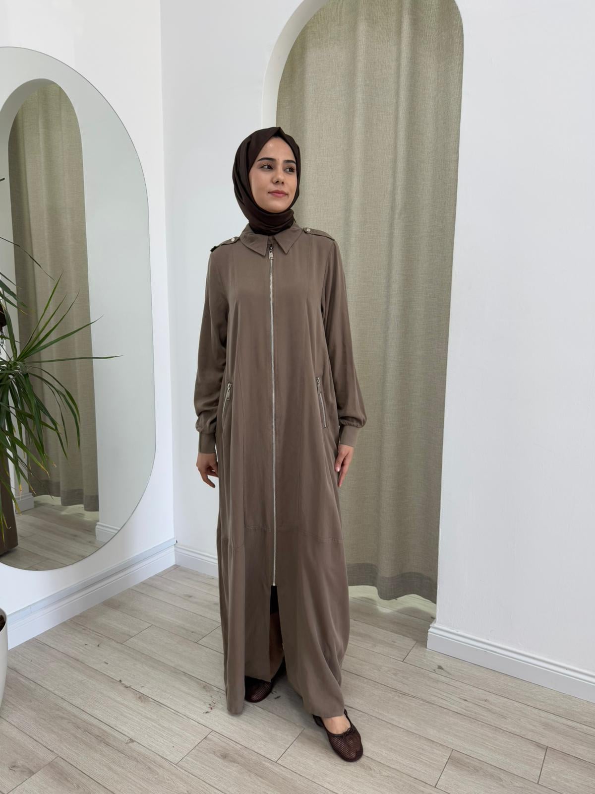Nurcan Çetin Apolet Detaylı Fermuarlı Elbise Kahverengi 25239