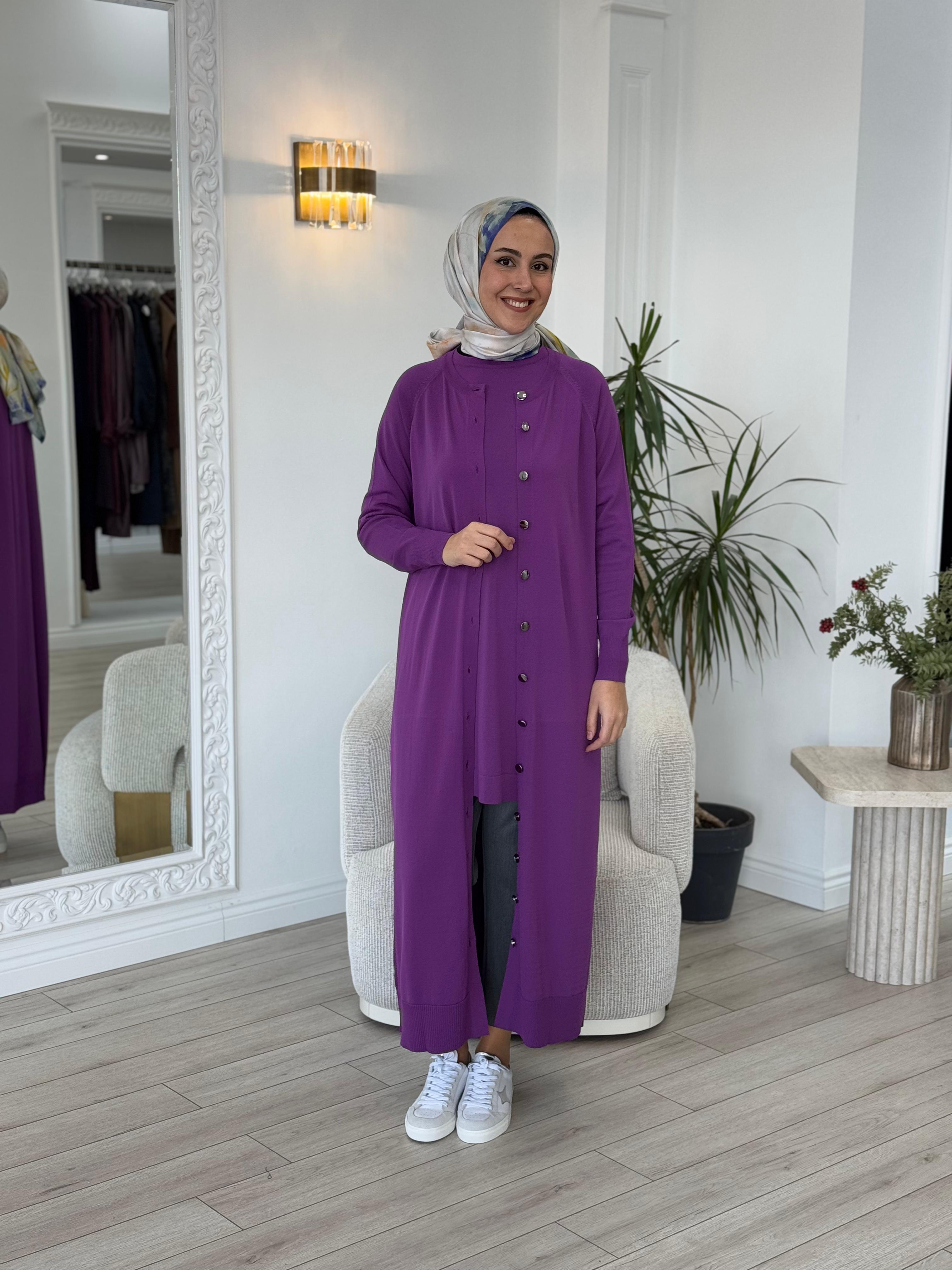 Nurcan Çetin Düğme Detaylı Triko Hırka Mor n024