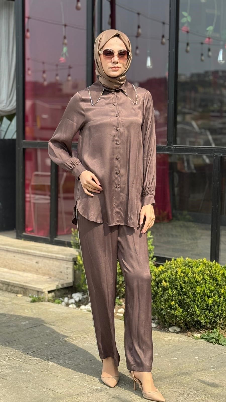 Zems İşleme Boncuklu Detaylı Pantolonlu Takım 2t063