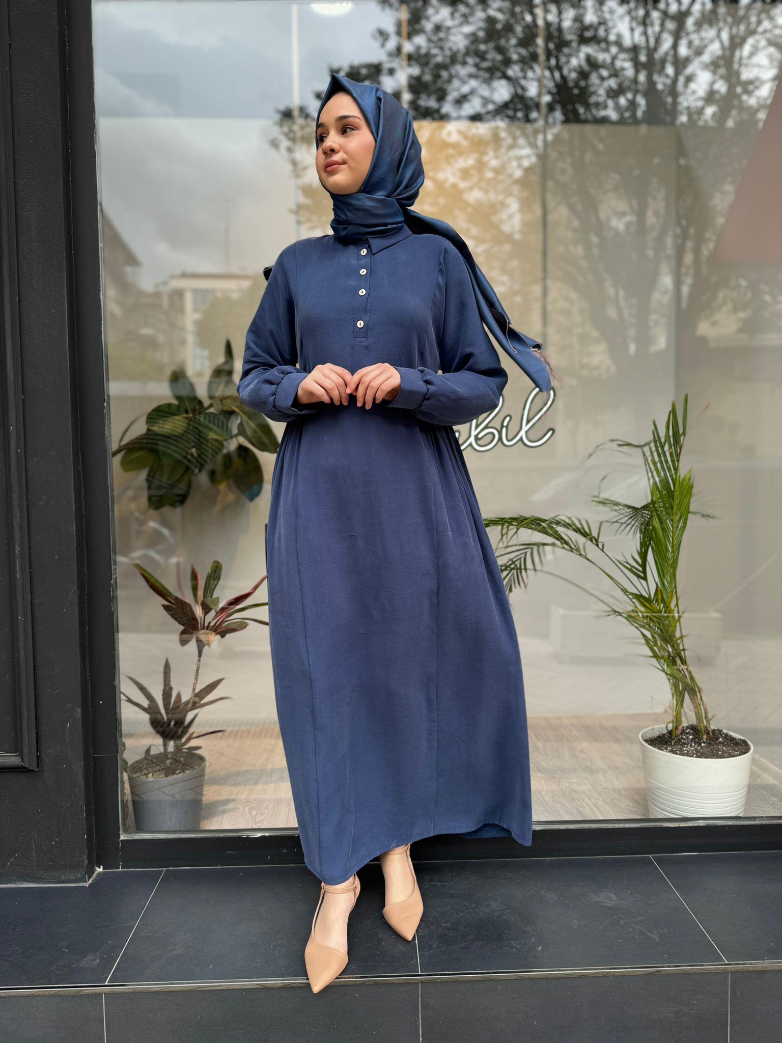 Almarwah Beli Büzgülü Elbise İndigo 303729