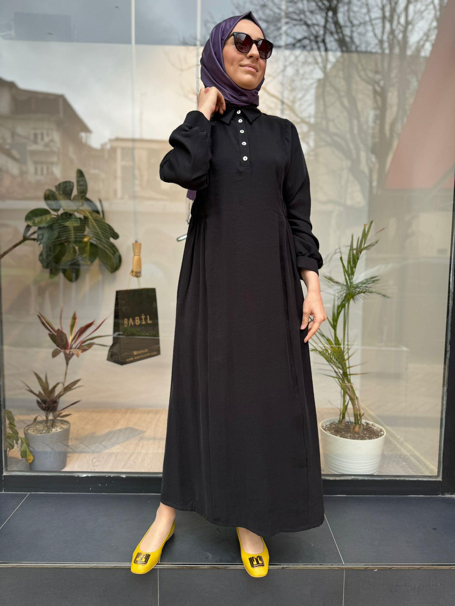 Almarwah Beli Büzgülü Elbise Siyah 303729