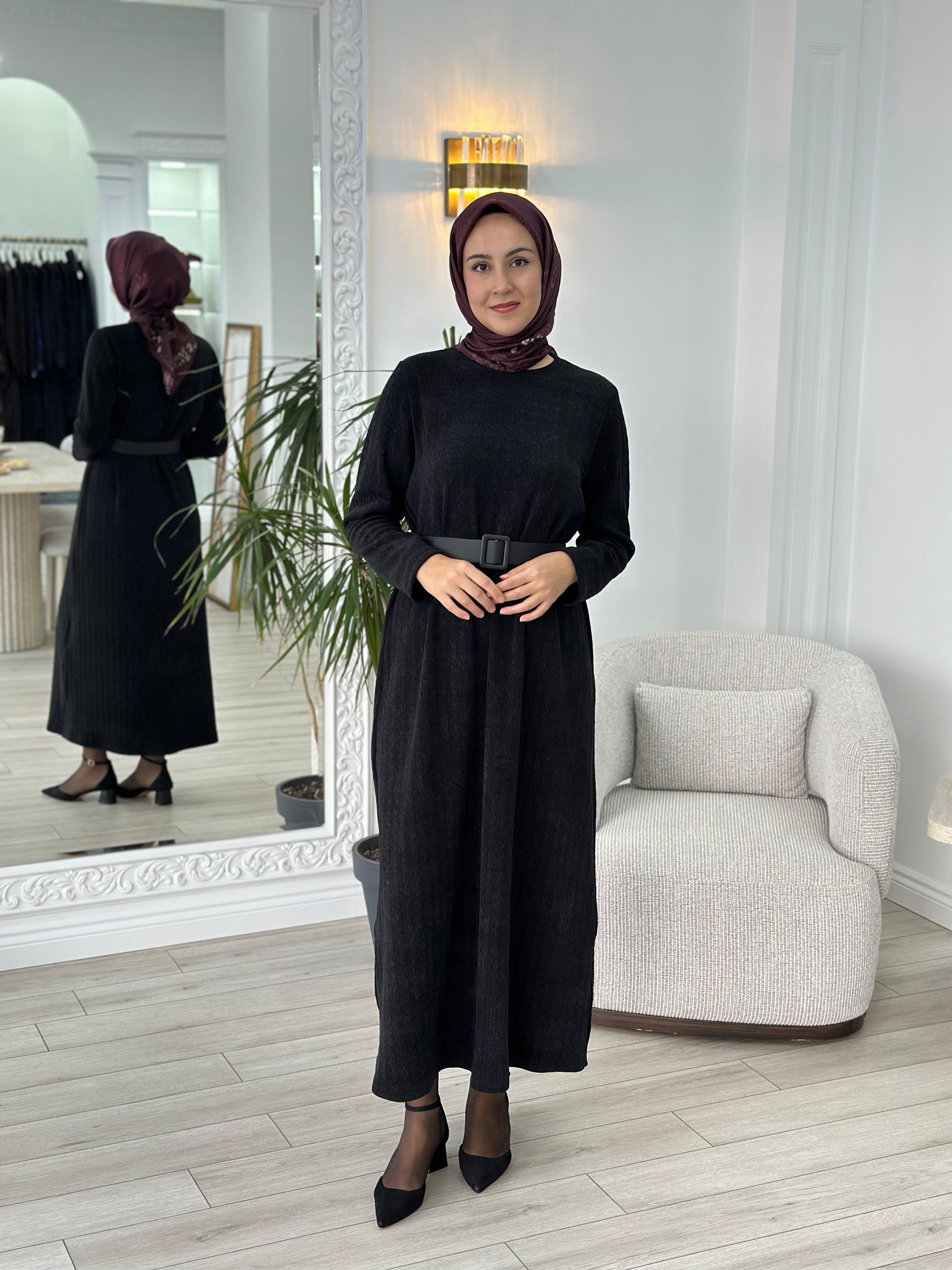 Almarwah Deri Kemerli Siyah Elbise 303802