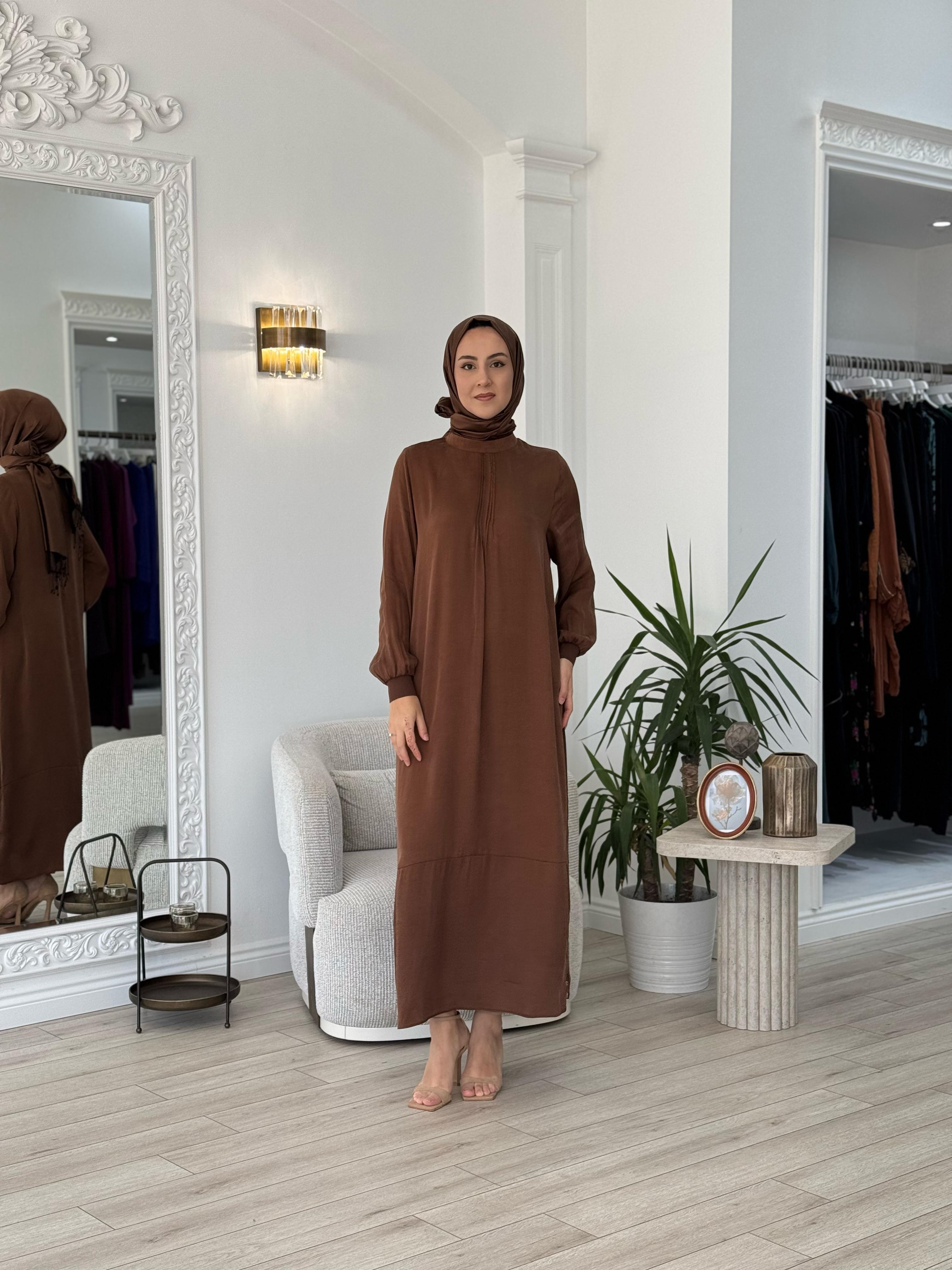 Almarwah Fermuar Detaylı Cupra Elbise Acı Kahve 303809