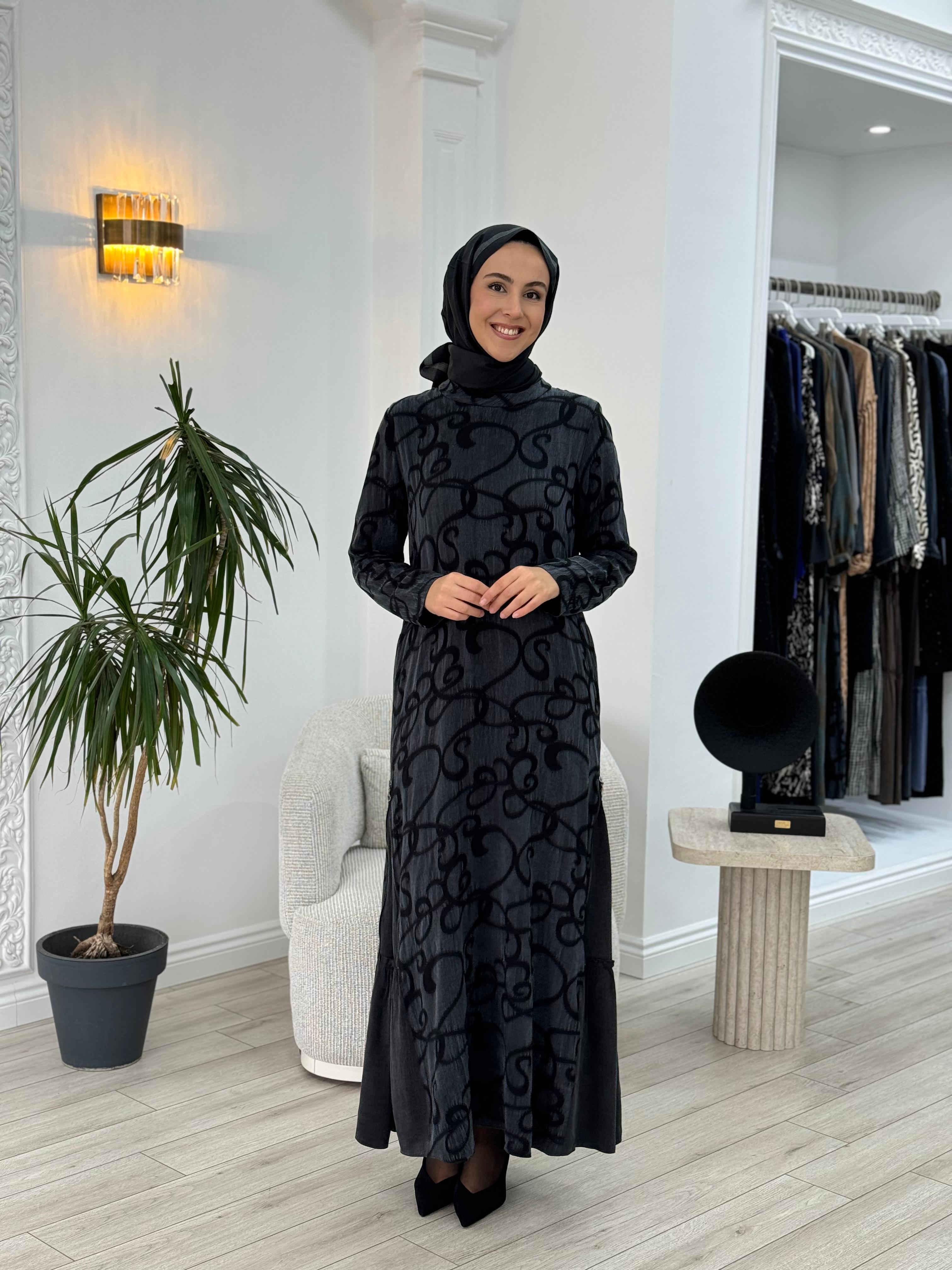 Almarwah Fermuar Detaylı Kendinden Desenli Elbise Siyah 303765