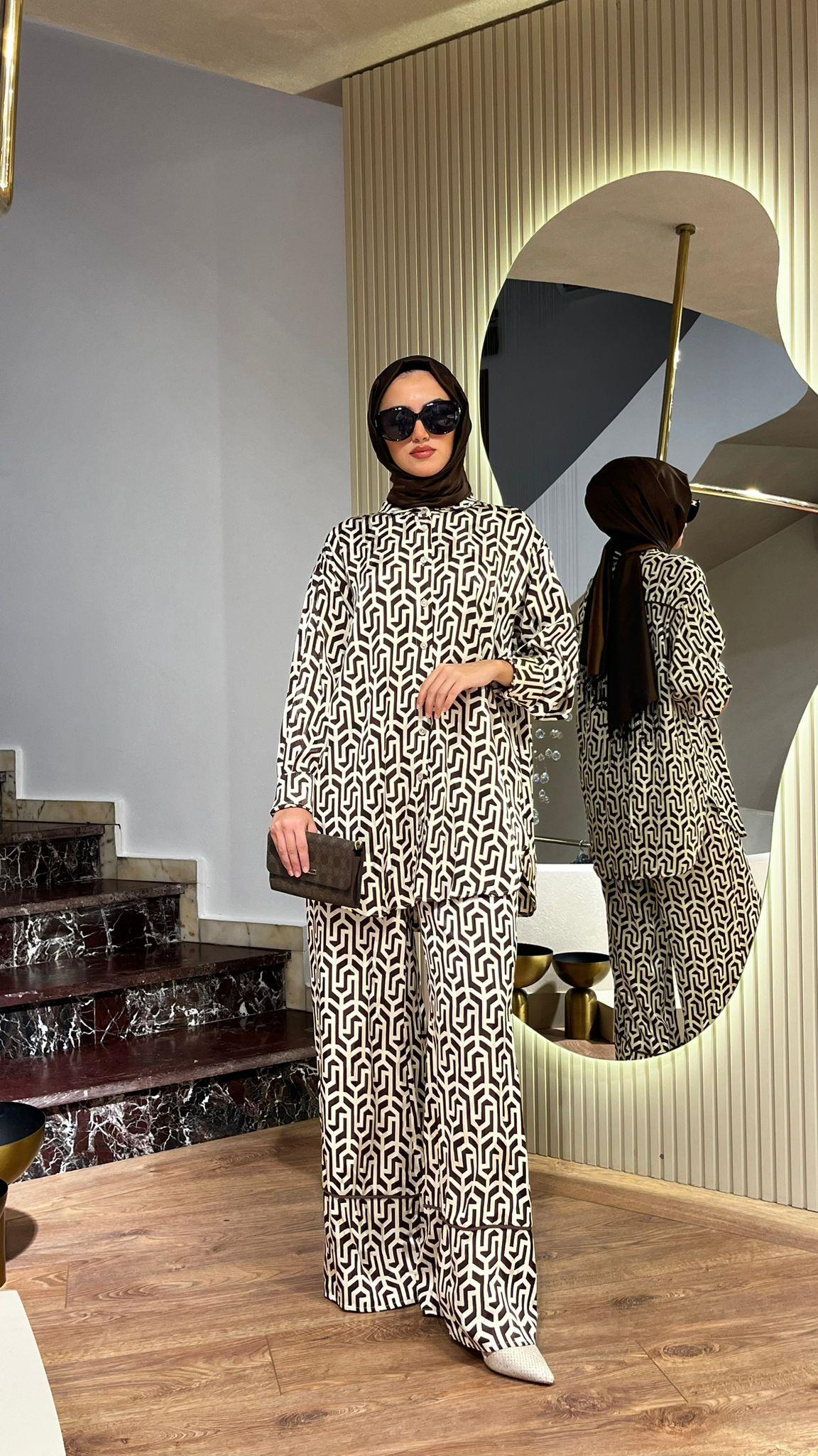 Almarwah Geometrik Desenli Takım Kahverengi 202655