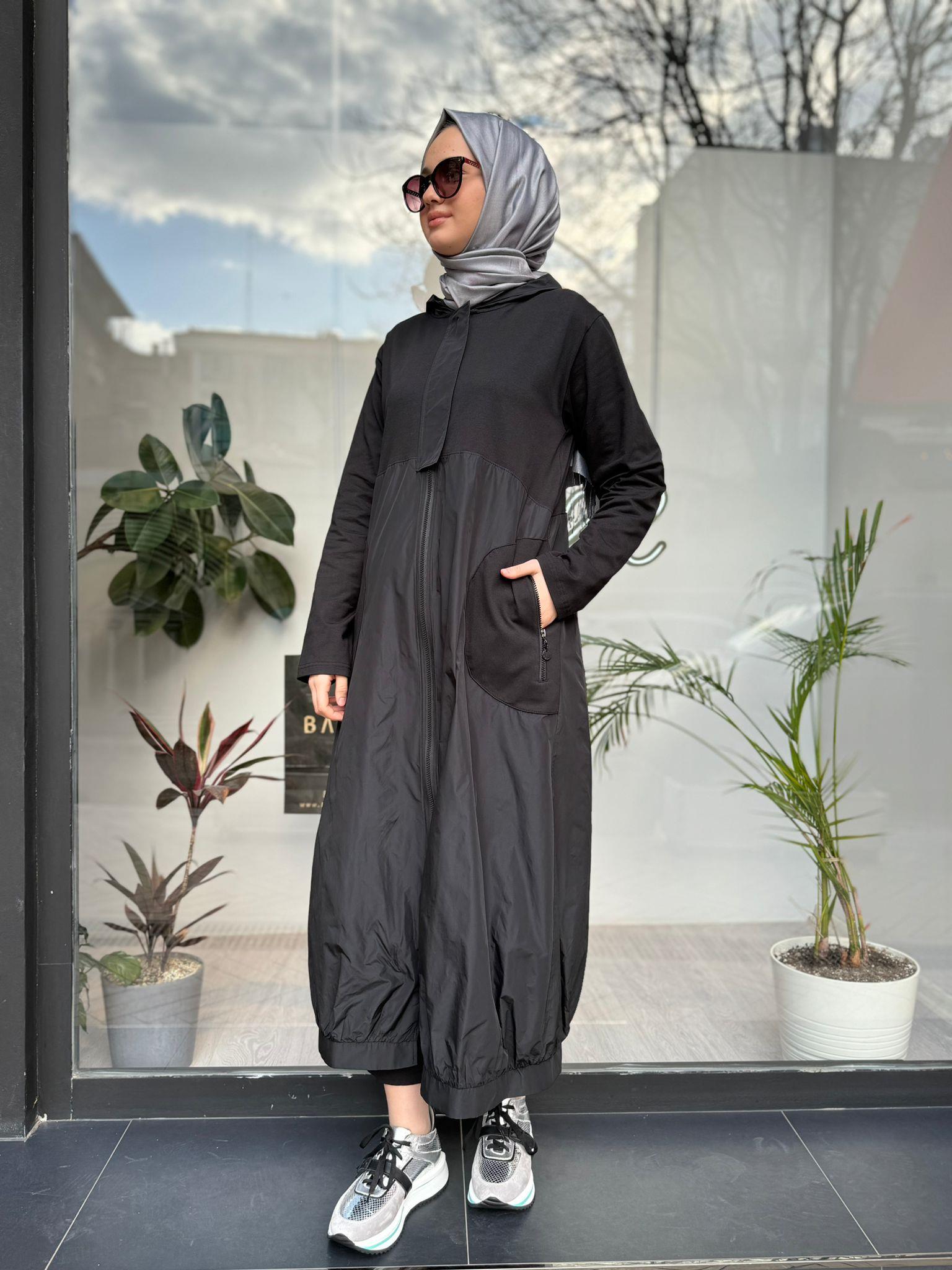 Almarwah Kapüşonlu Paraşüt Kap Siyah 404812