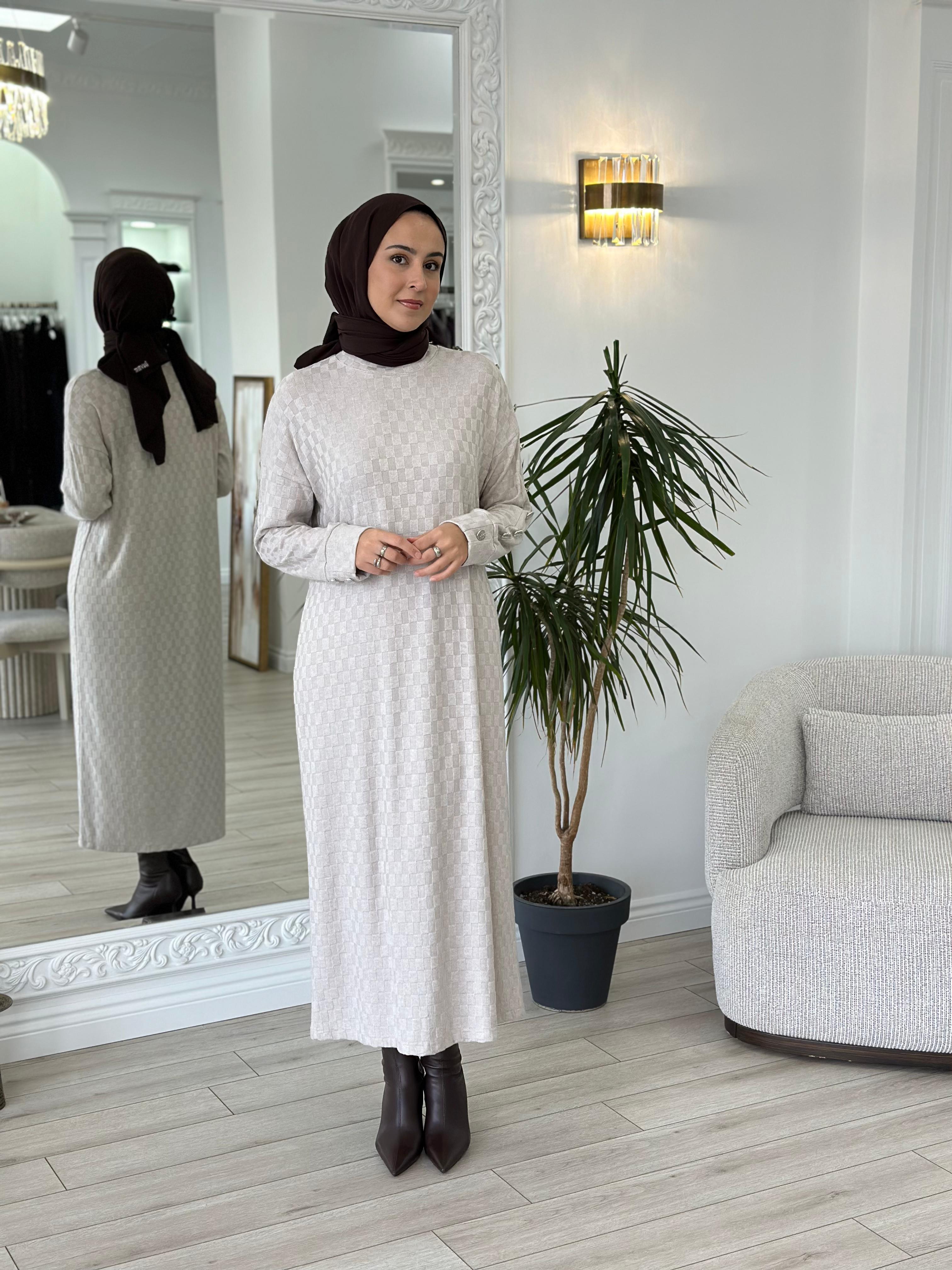 Almarwah Kare Desenli Elbise Bej 303792