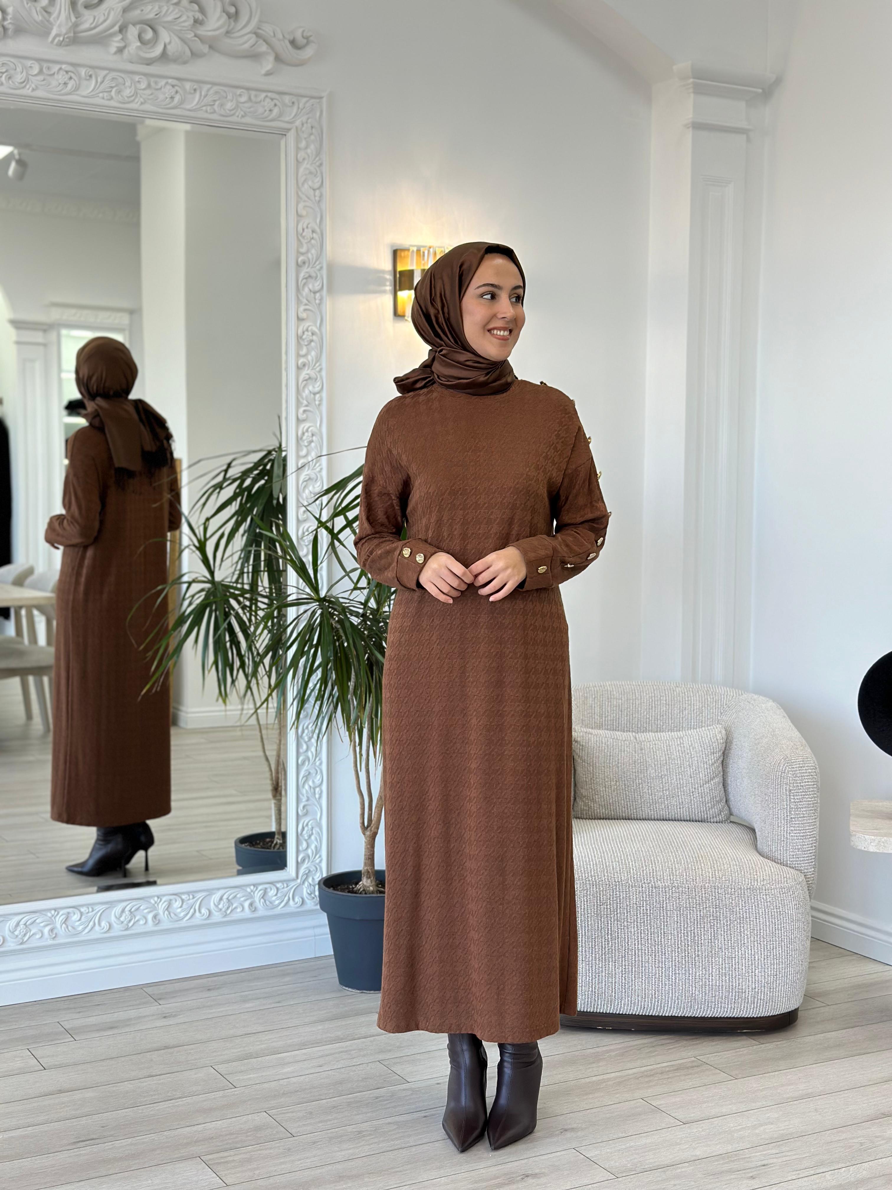 Almarwah Kare Desenli Elbise Kahverengi 303792