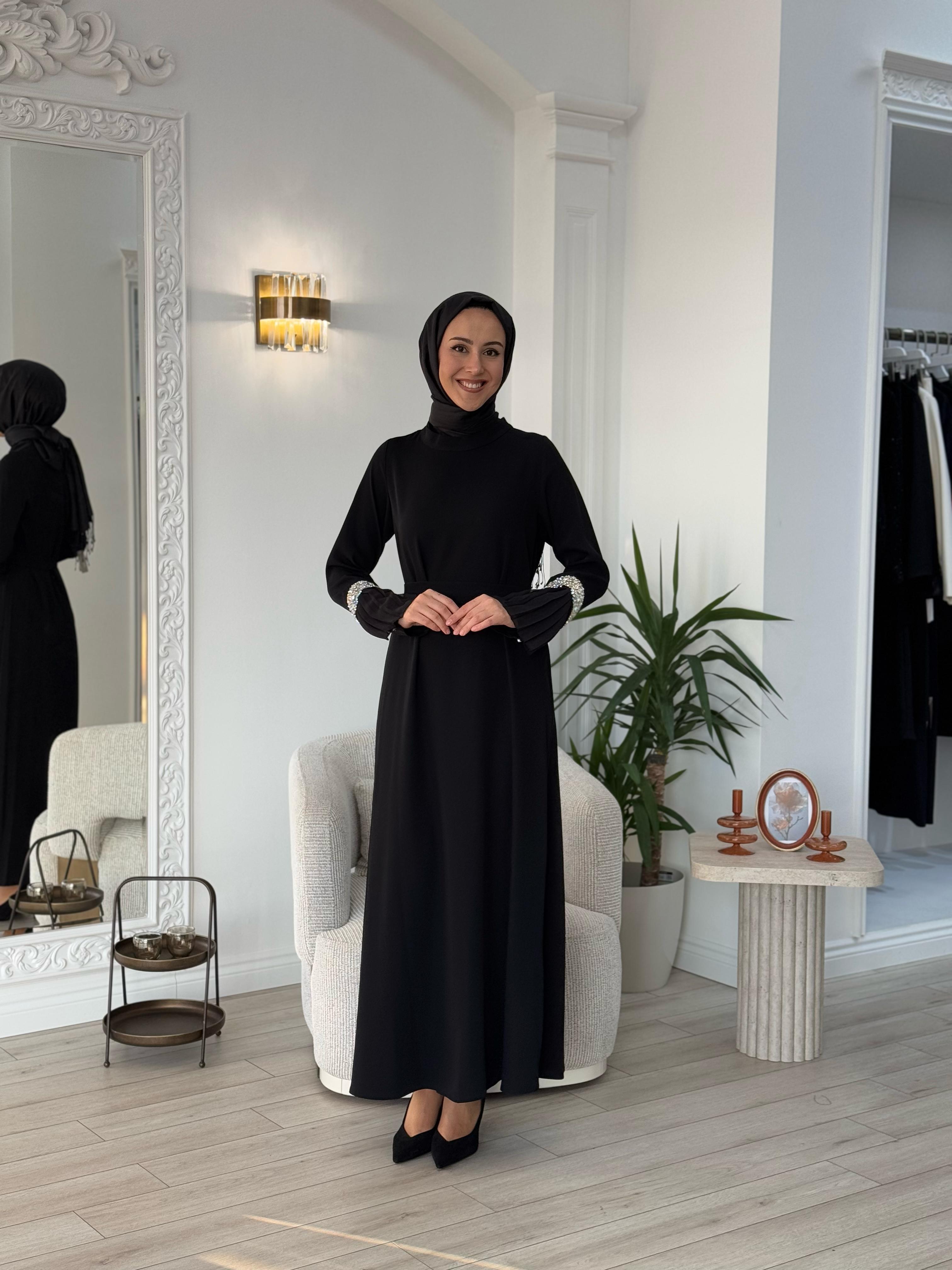 Almarwah Kolları Taşlı Siyah Elbise 90456