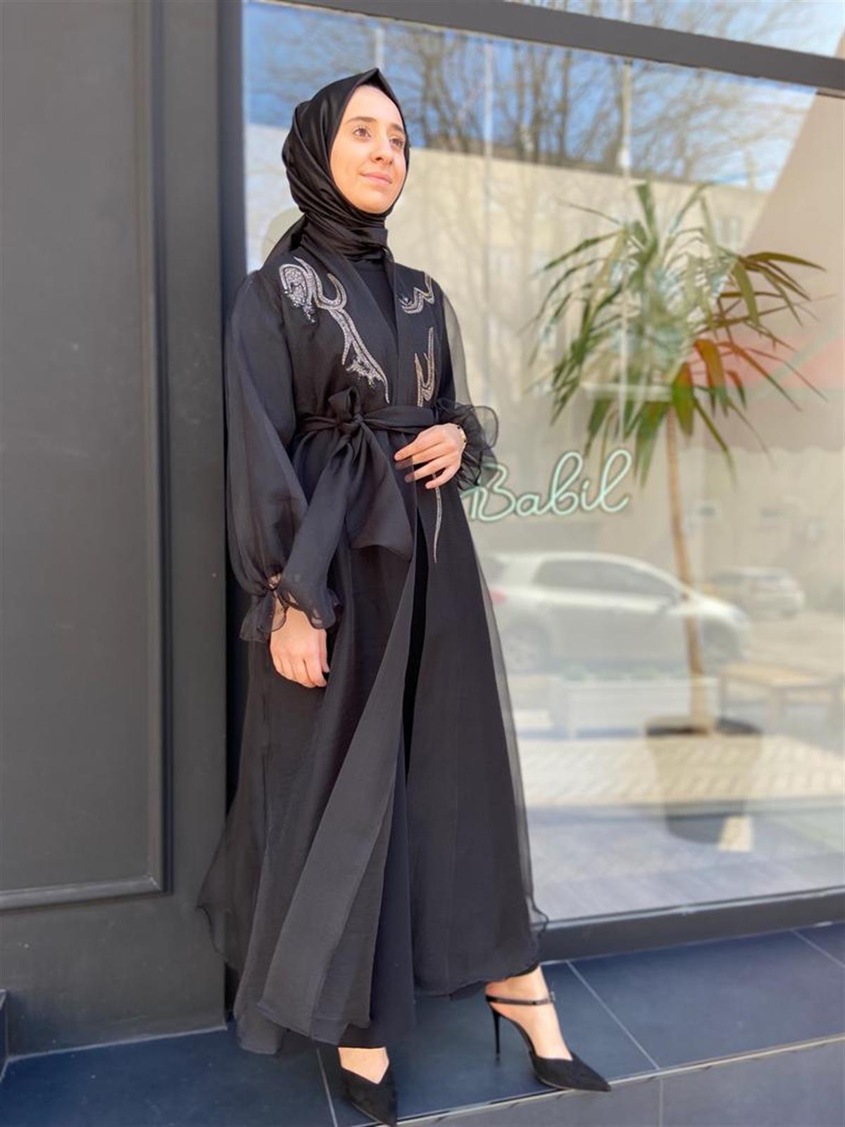 Almarwah Ön Taşlı Organze Siyah Kap 90504