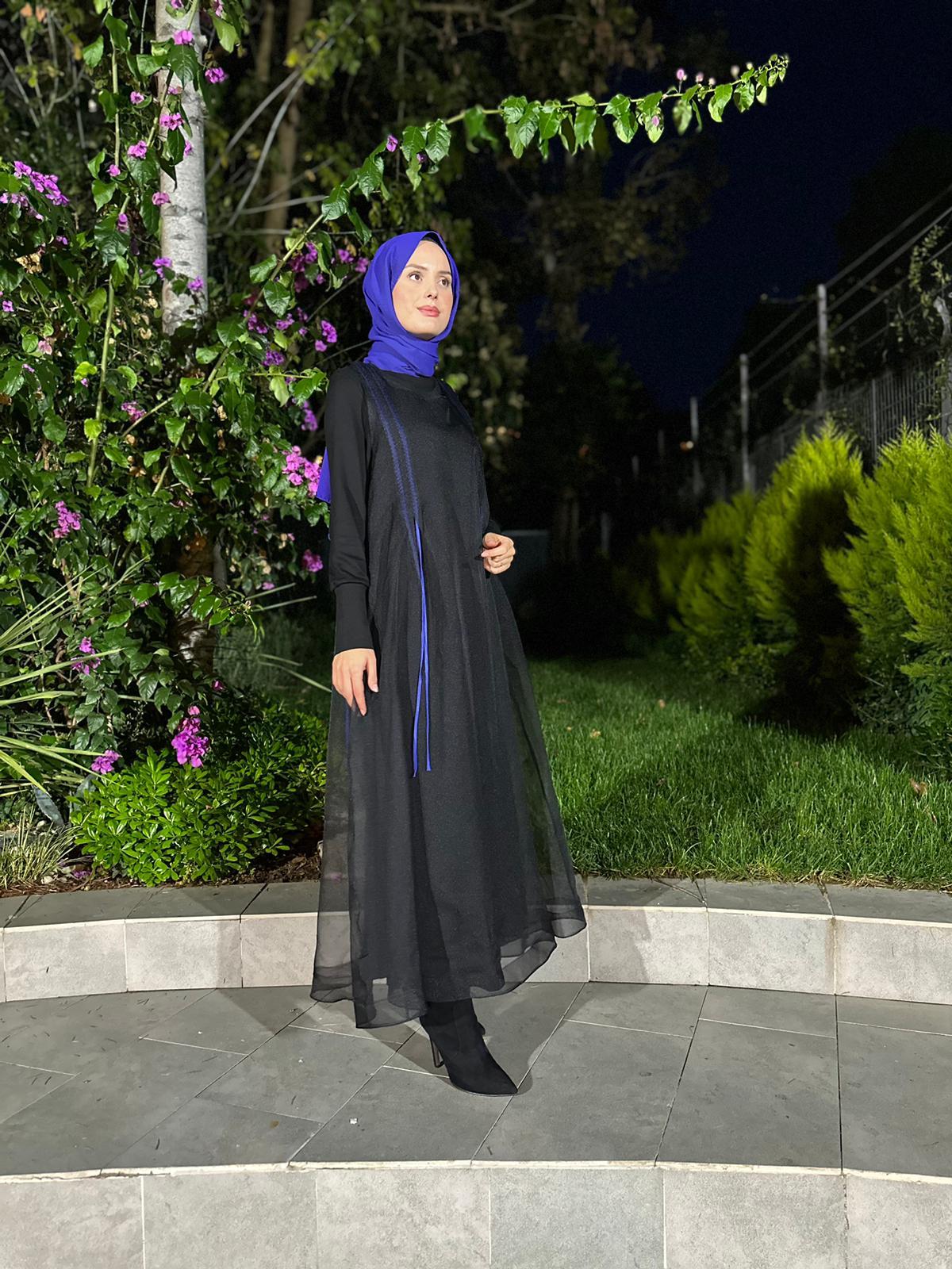 Almarwah Organze Tül Detaylı Elbise Siyah 303692
