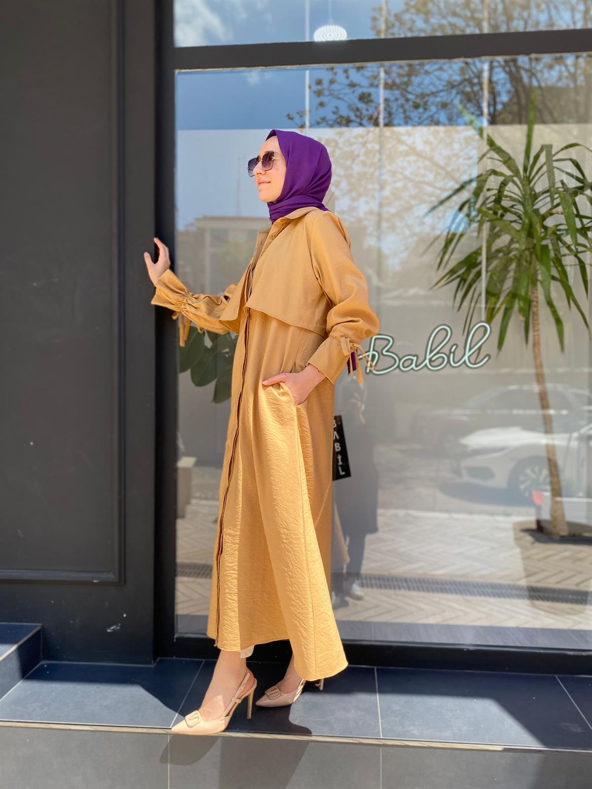 Almarwah Paraşüt Düğmeli Camel Elbise Kap  303613