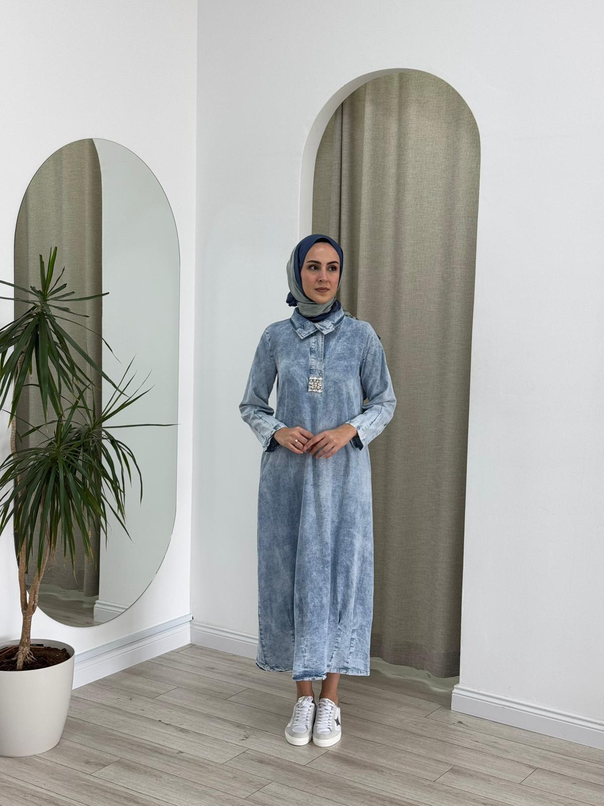 Almarwah Taş Detaylı Kot Elbise Açık Mavi 303769