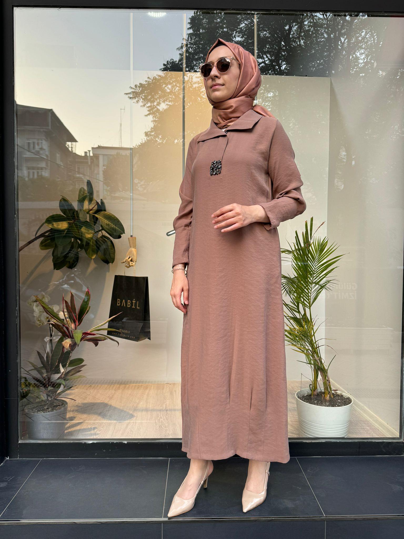 Almarwah Taşlı Elbise Açık Kahve 303760
