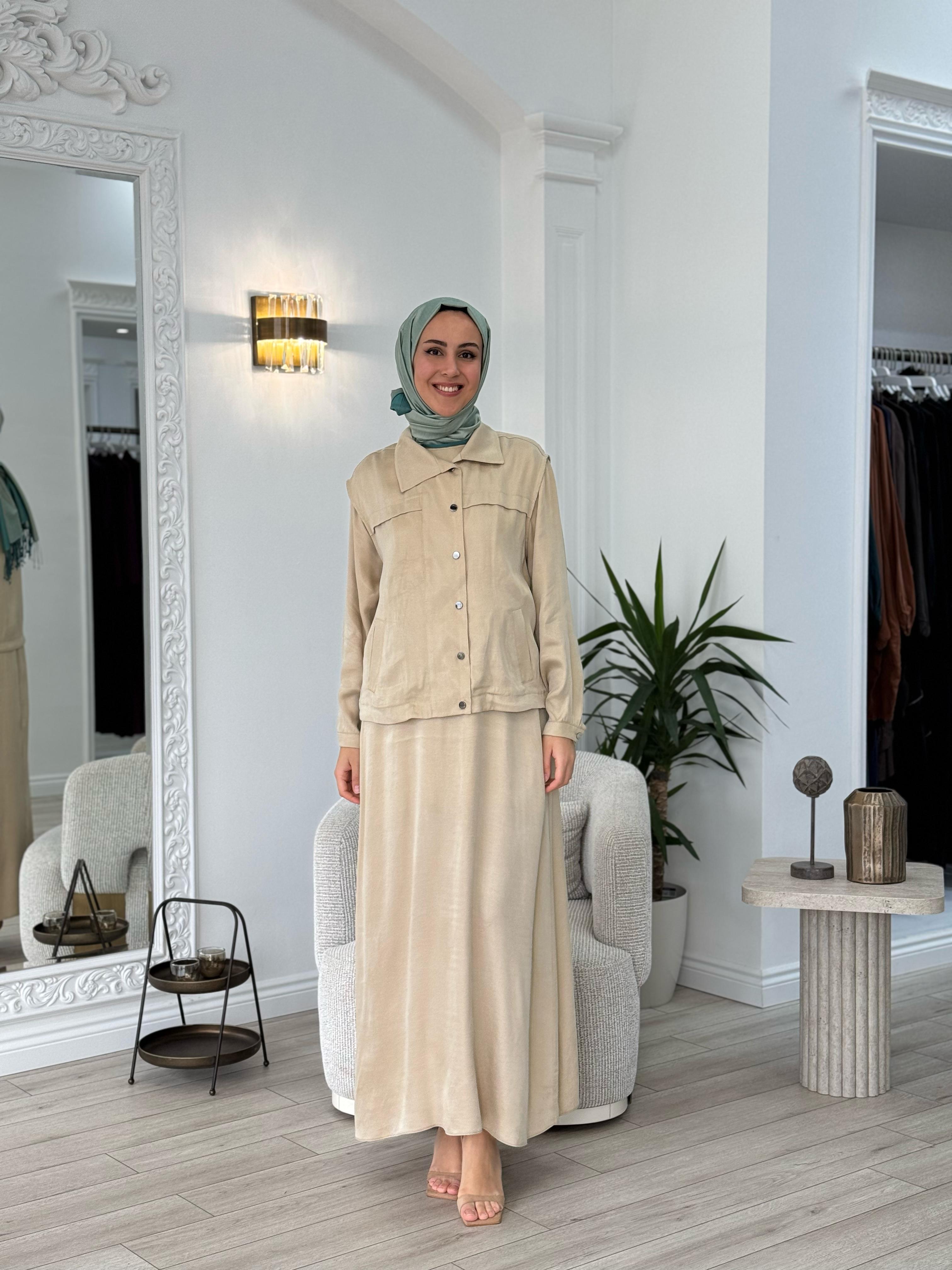 Almarwah Yelekli Cupra Elbise Bej 202781-1