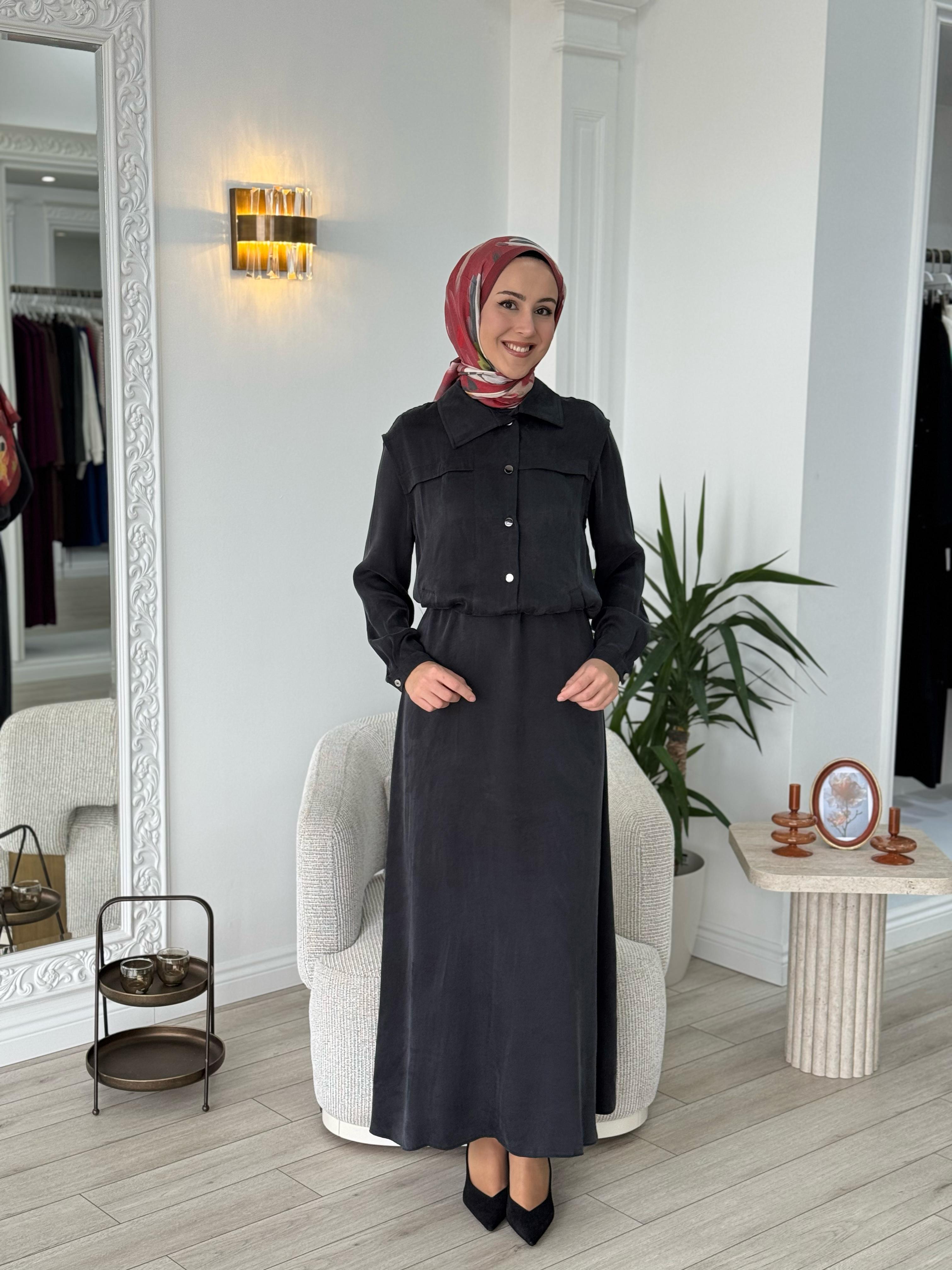 Almarwah Yelekli Cupra Elbise Siyah 202781-1