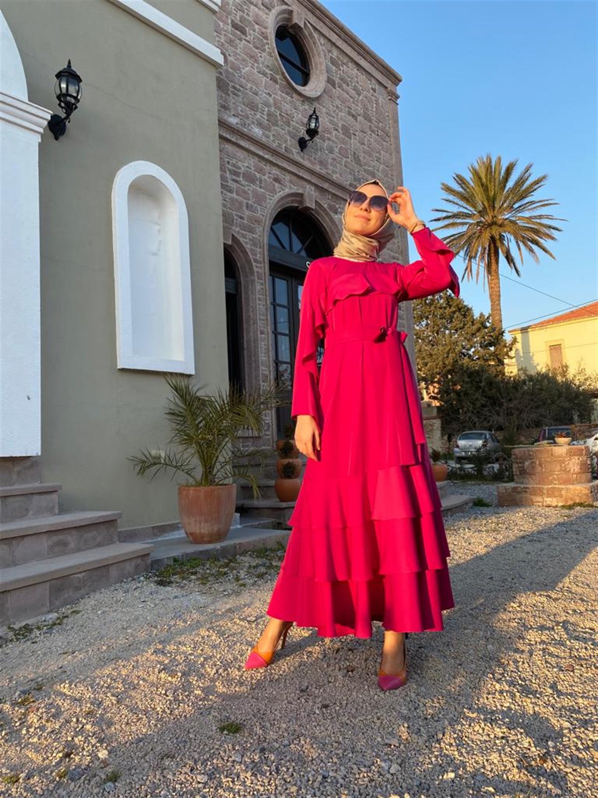 Fırfırlı Abiye Elbise Fuşya 11231